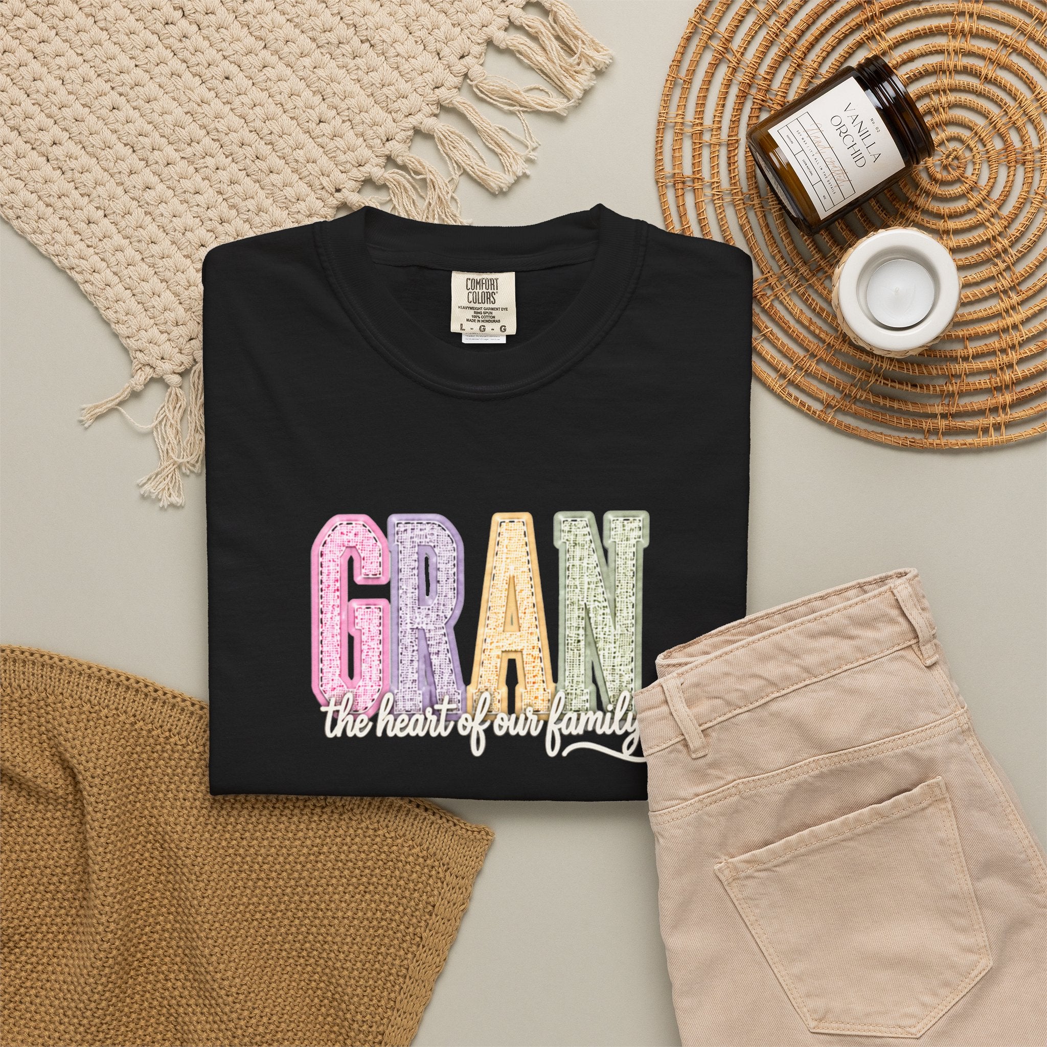Gran Floral Script T-Shirt — "the heart of my family" Sage Garment-Dyed Tee