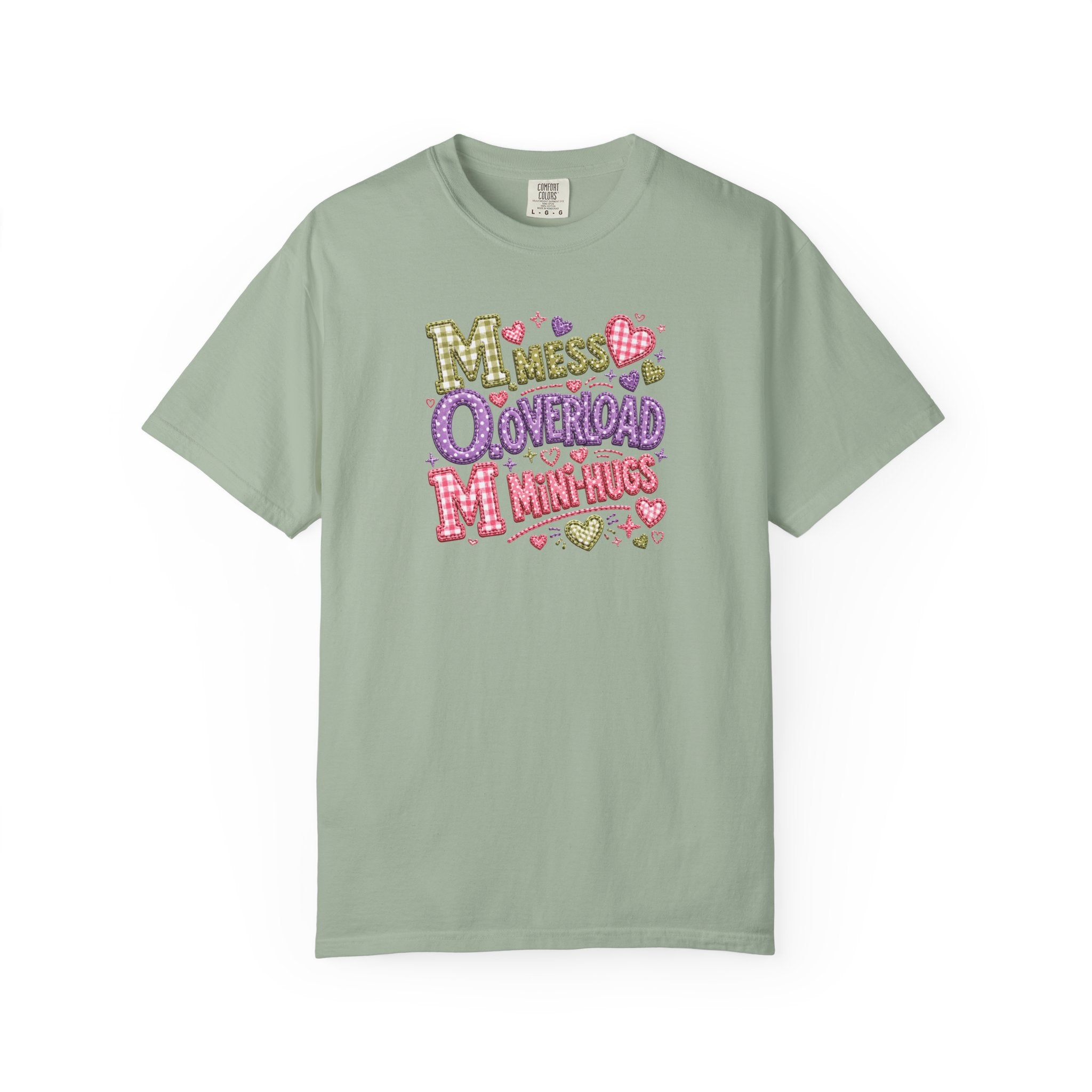 Mess, Overload, Mini-Hugs Hugs T-Shirt — Cute Hand-Lettered Mom Vibes Tee