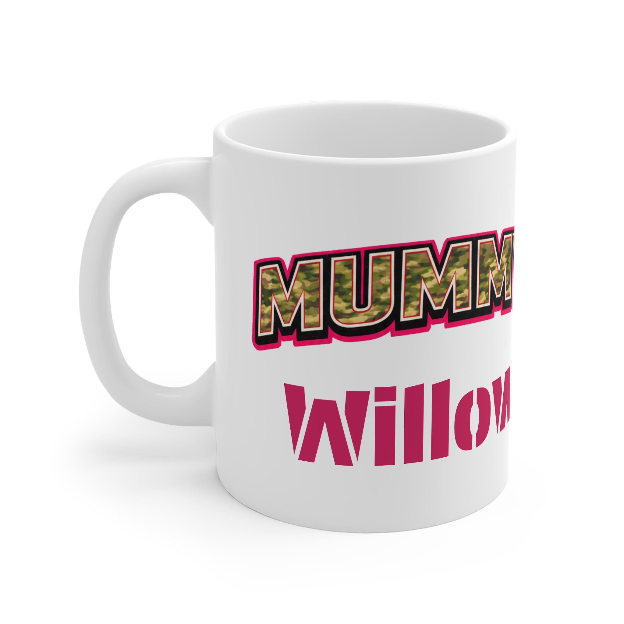 Mummy Camo 11oz Mug — Bold Pink-Outlined 'MUMMY' Coffee Cup