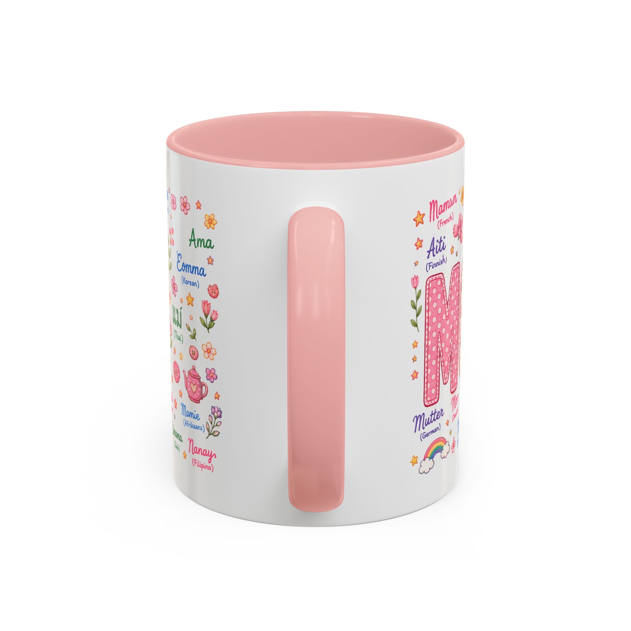 "MOMMY" Accent Coffee Mug – Multilingual 'Mom' Floral Pink 11/15oz