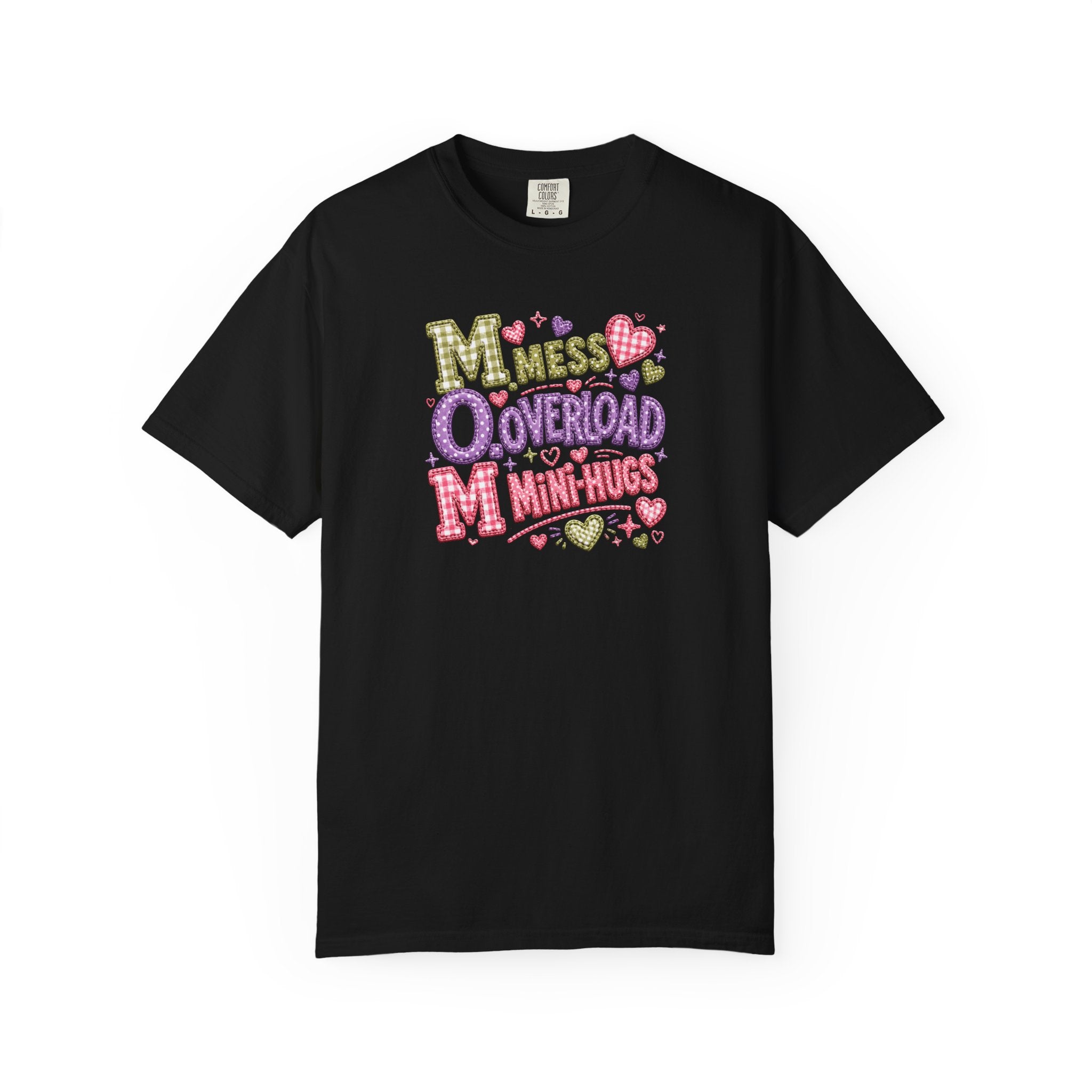Mess, Overload, Mini-Hugs Hugs T-Shirt — Cute Hand-Lettered Mom Vibes Tee