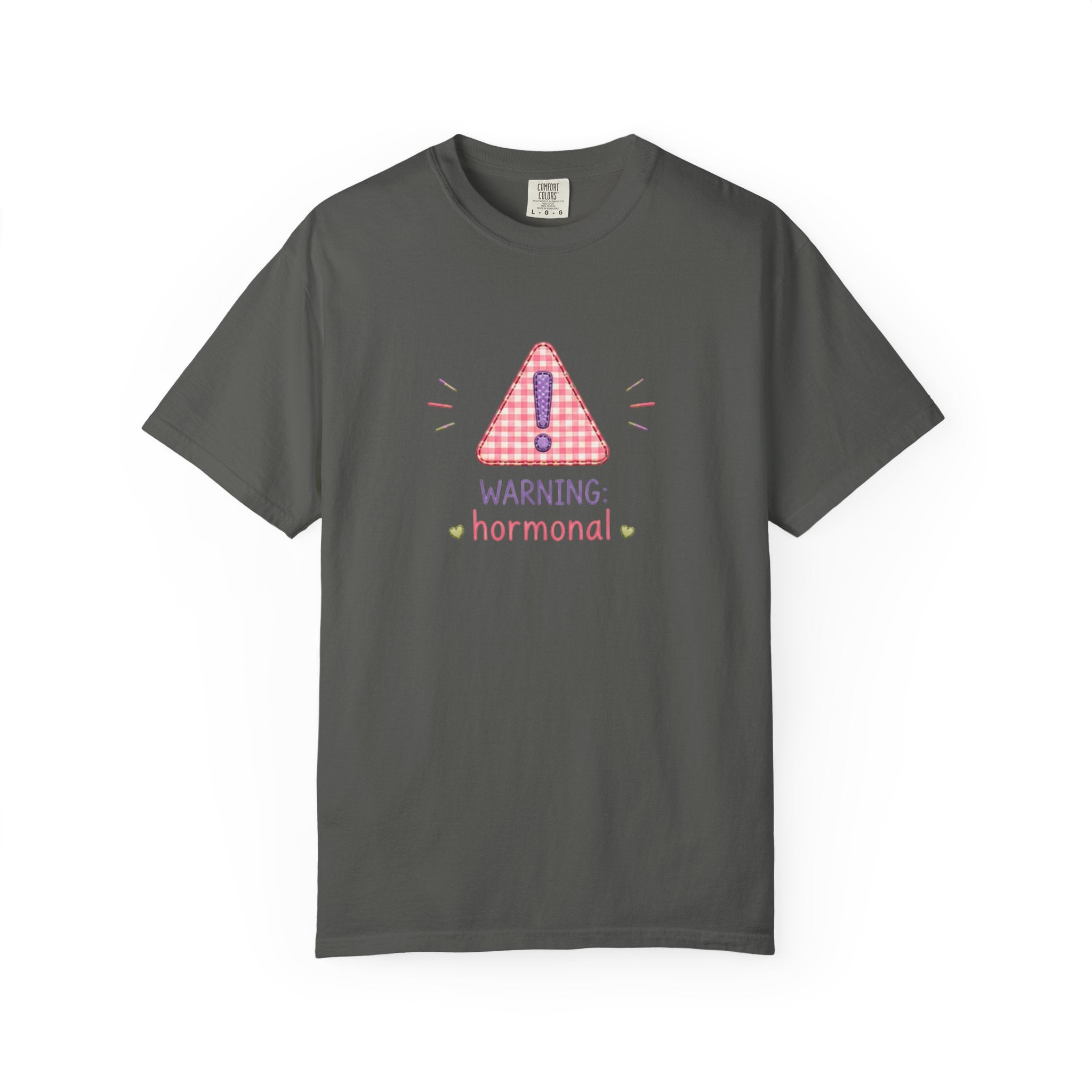 T-Shirt — "Warning: Hormonal" Cute Pink Gingham Alert Graphic