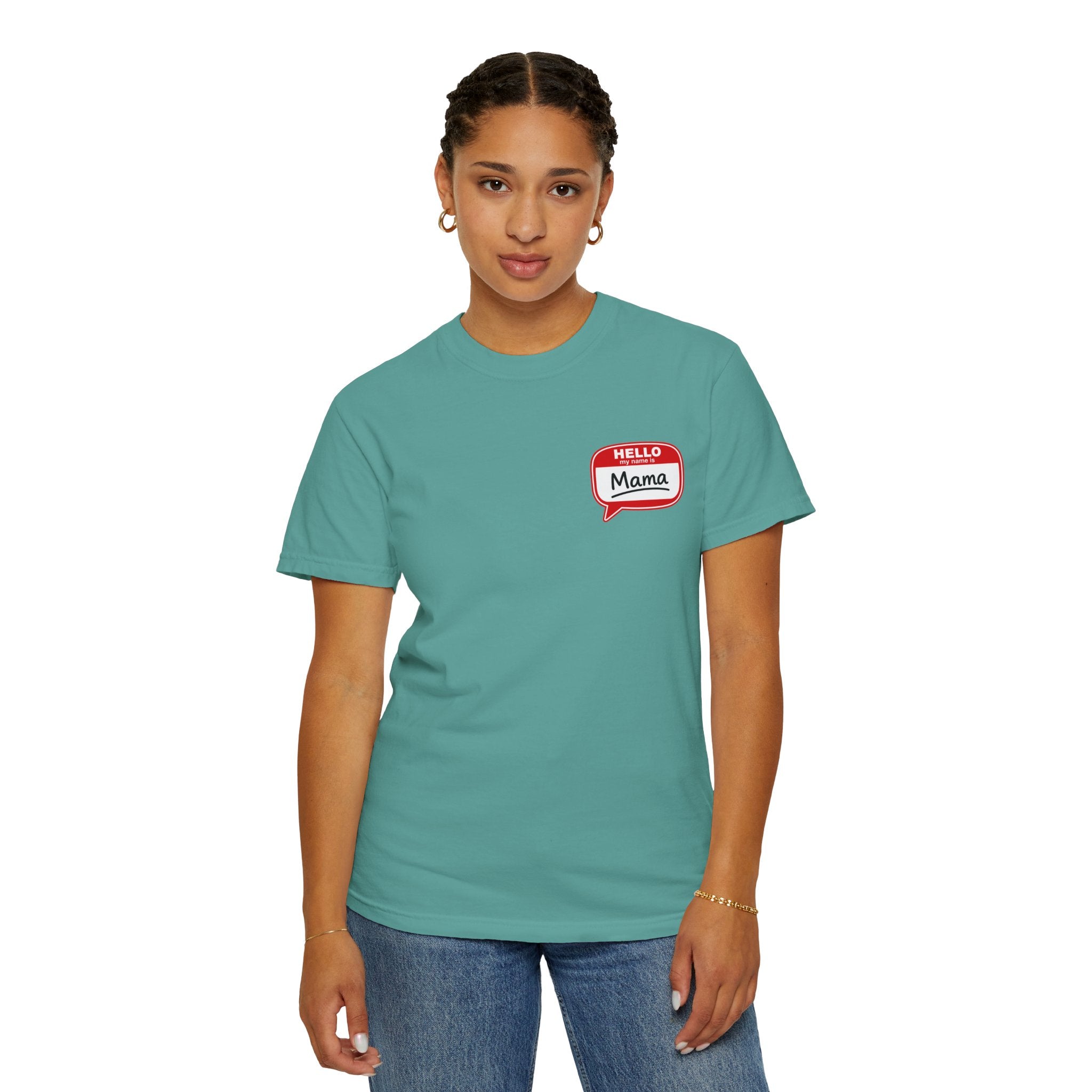Hello Mama Pocket T‑Shirt — Cute 'Hello Mama' Name Tag Graphic Tee for New and Expecting Moms