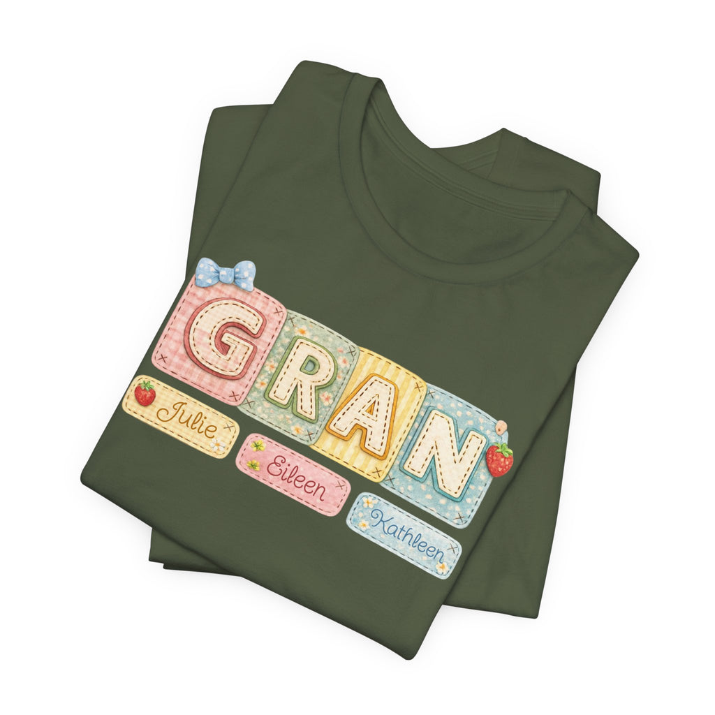 Gran Retro Patch Tee — Personalized 'Gran' Name Blocks Short Sleeve Shirt