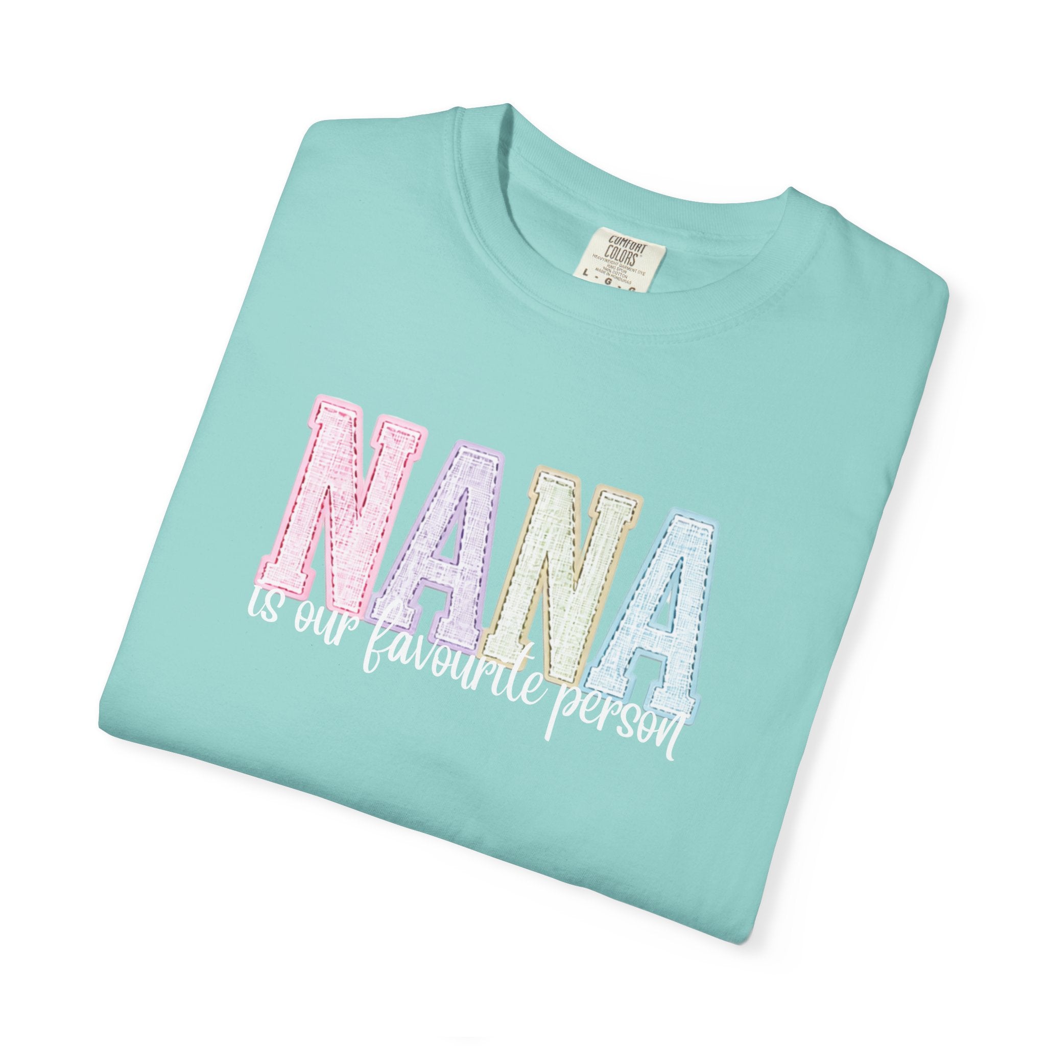 Nana Pastel Patchwork Tee — Soft White "NANA" Graphic T-Shirt for Grandmothers