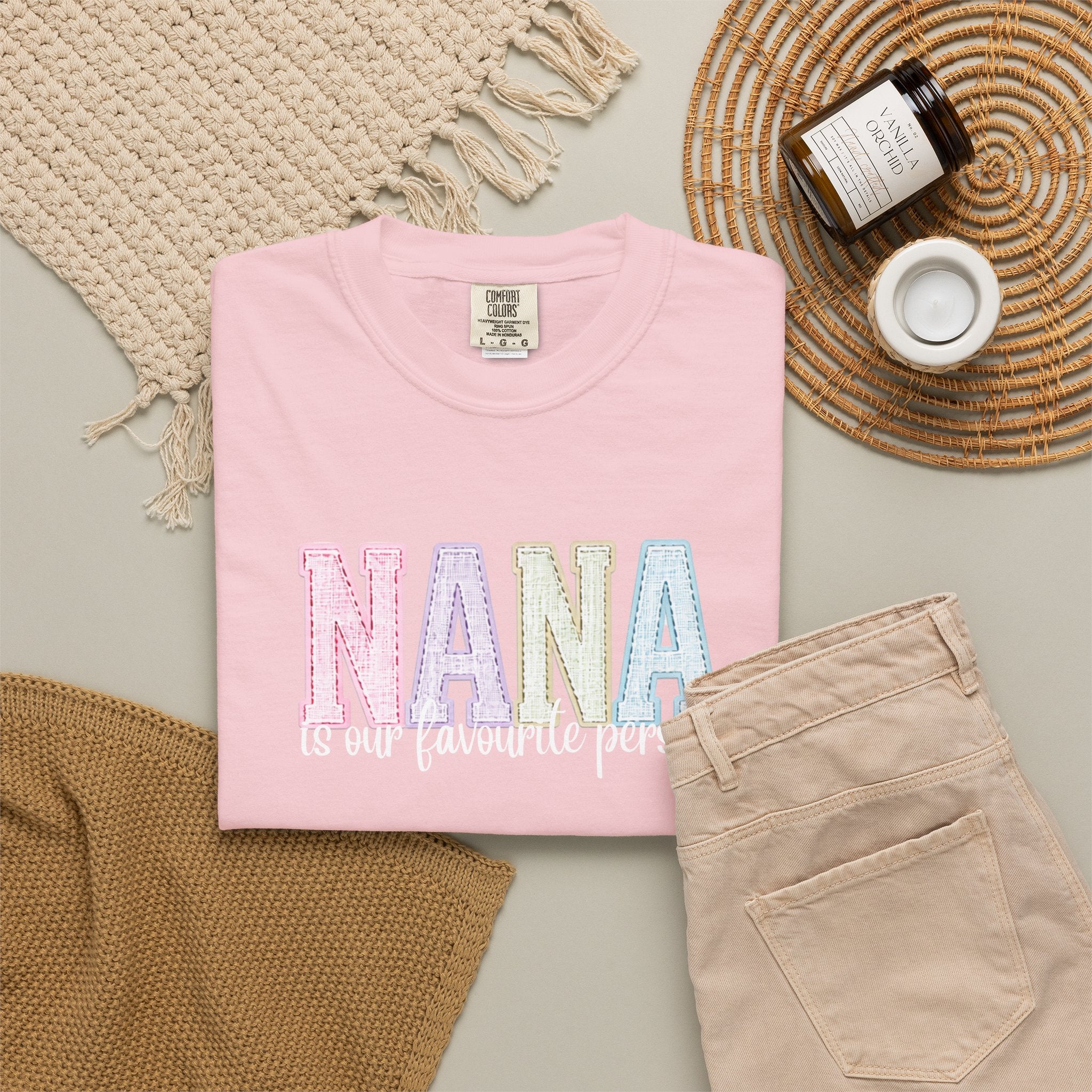 Nana Pastel Patchwork Tee — Soft White "NANA" Graphic T-Shirt for Grandmothers