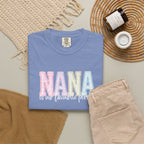Nana Pastel Patchwork Tee — Soft White "NANA" Graphic T-Shirt for Grandmothers