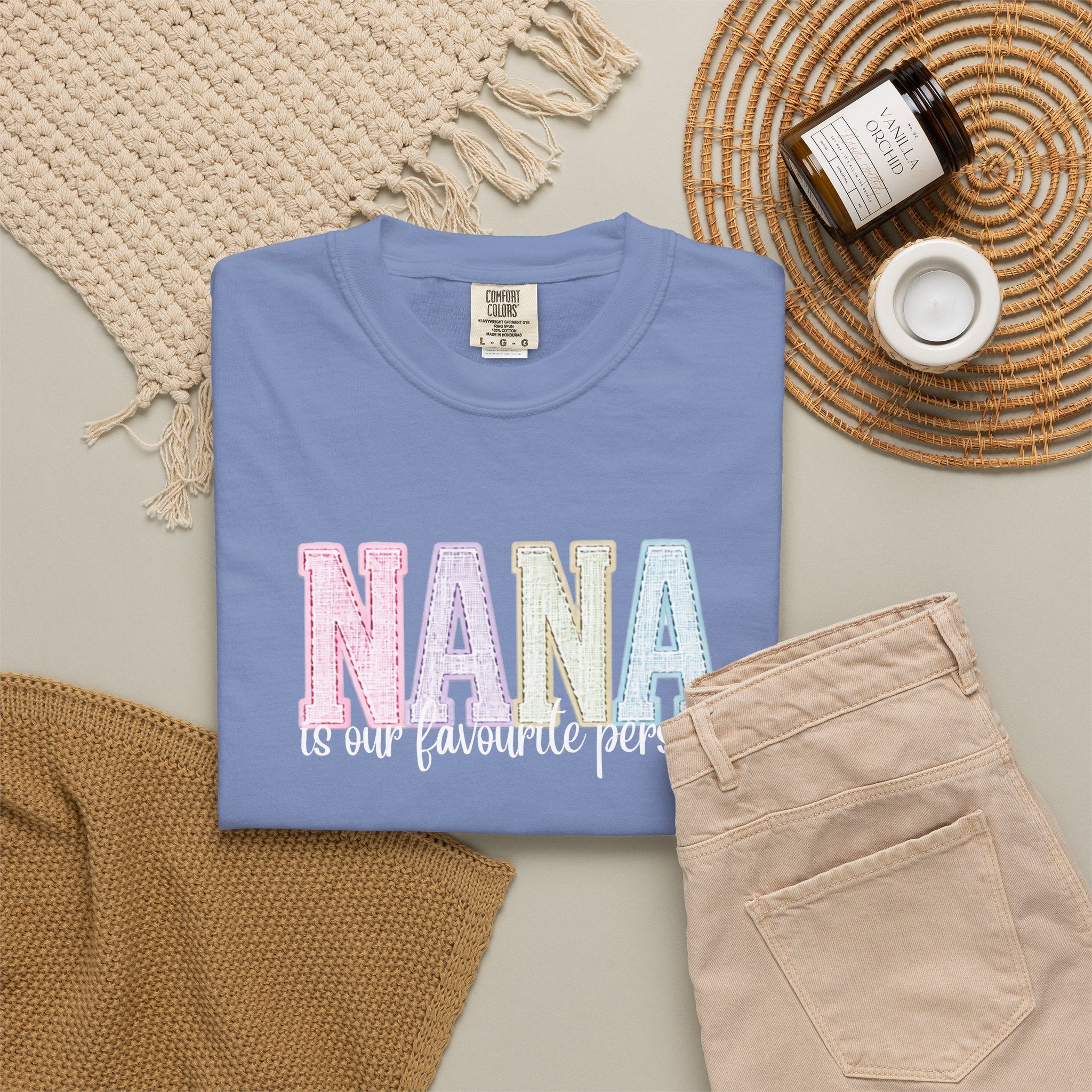 Nana Pastel Patchwork Tee — Soft White "NANA" Graphic T-Shirt for Grandmothers