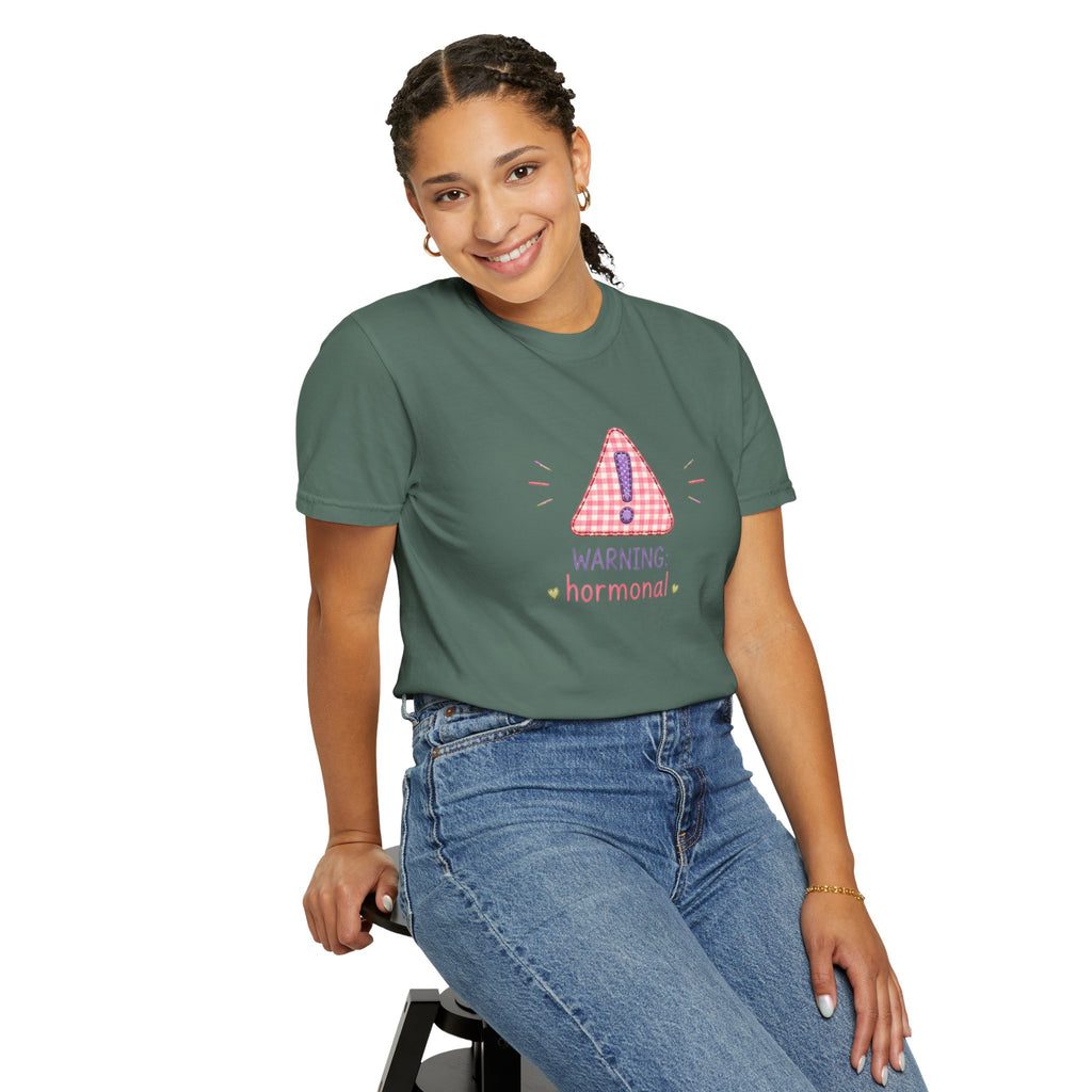 T-Shirt — "Warning: Hormonal" Cute Pink Gingham Alert Graphic