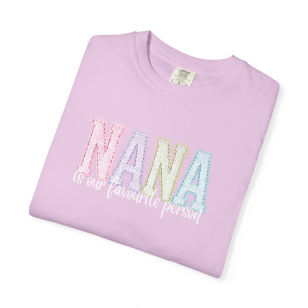 Nana Pastel Patchwork Tee — Soft White "NANA" Graphic T-Shirt for Grandmothers