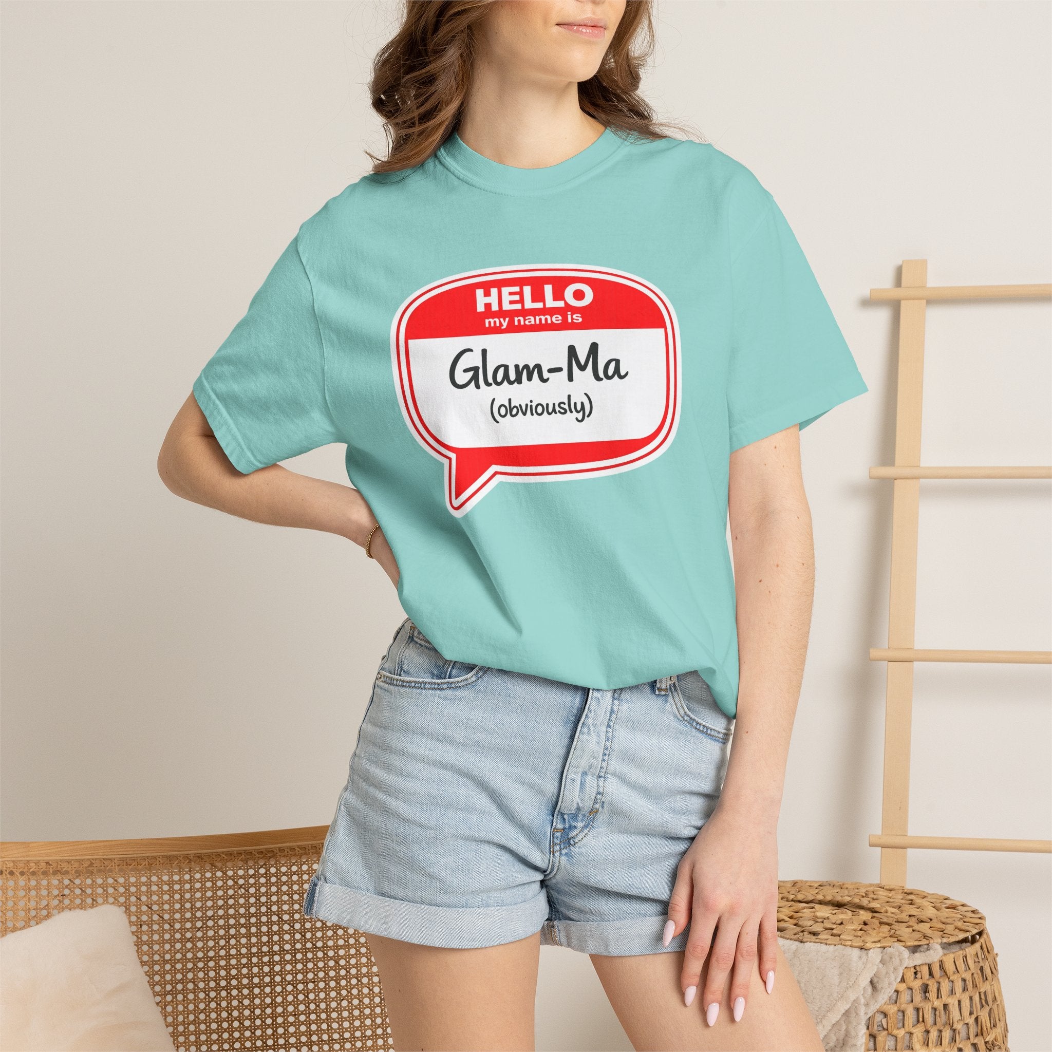 Glam-Ma Name Tag T-Shirt — "Hello My Name Is Glam-Ma (Obviously)" Graphic Tee