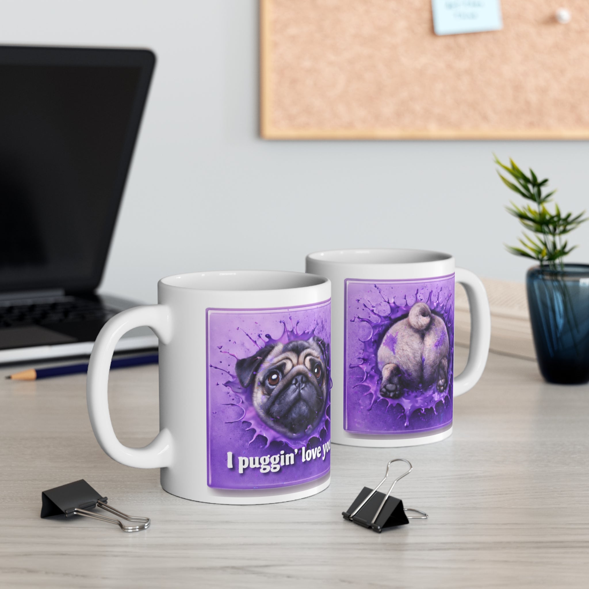 Pug Mug — "I Puggin' Love You" Personalized Coffee Cup (Custom Name, Purple Dog Design)