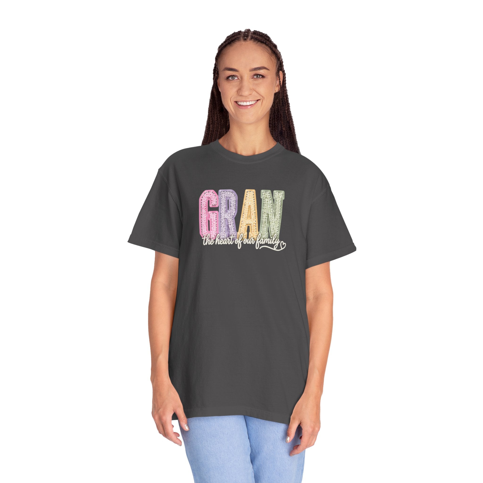 Gran Floral Script T-Shirt — "the heart of my family" Sage Garment-Dyed Tee