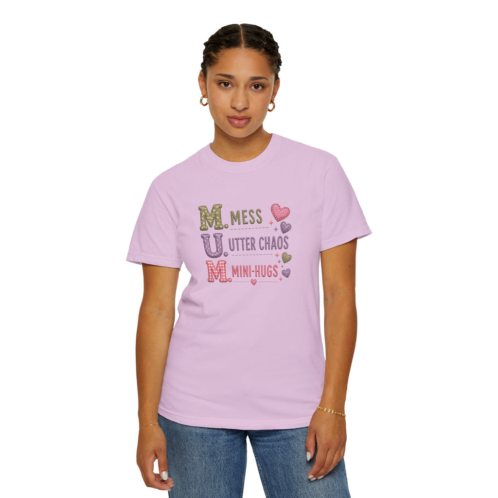 Mom Acronym T-Shirt — "M.U.M. Mess, Utter Chaos, Mini-Hugs" Cute Mom Graphic Tee