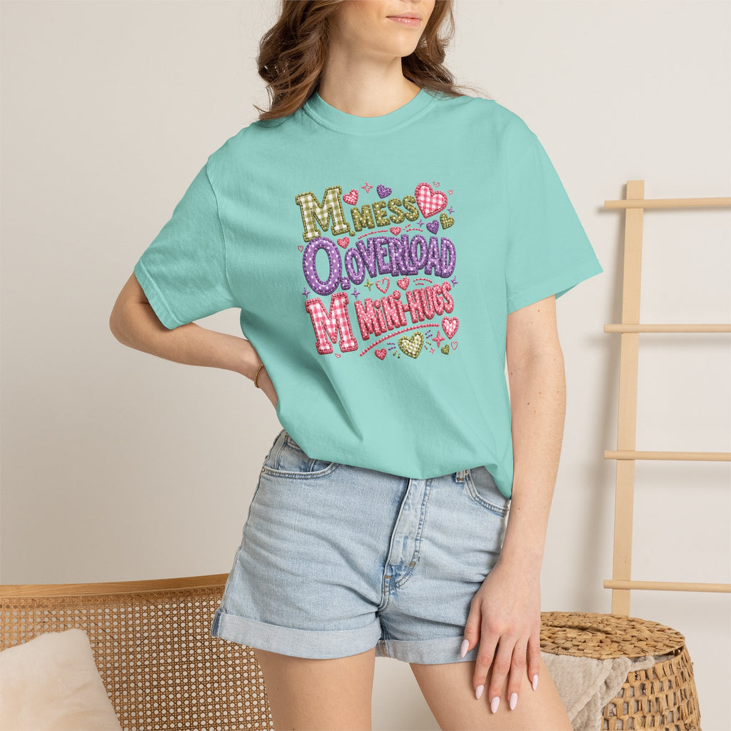 Mess, Overload, Mini-Hugs Hugs T-Shirt — Cute Hand-Lettered Mom Vibes Tee