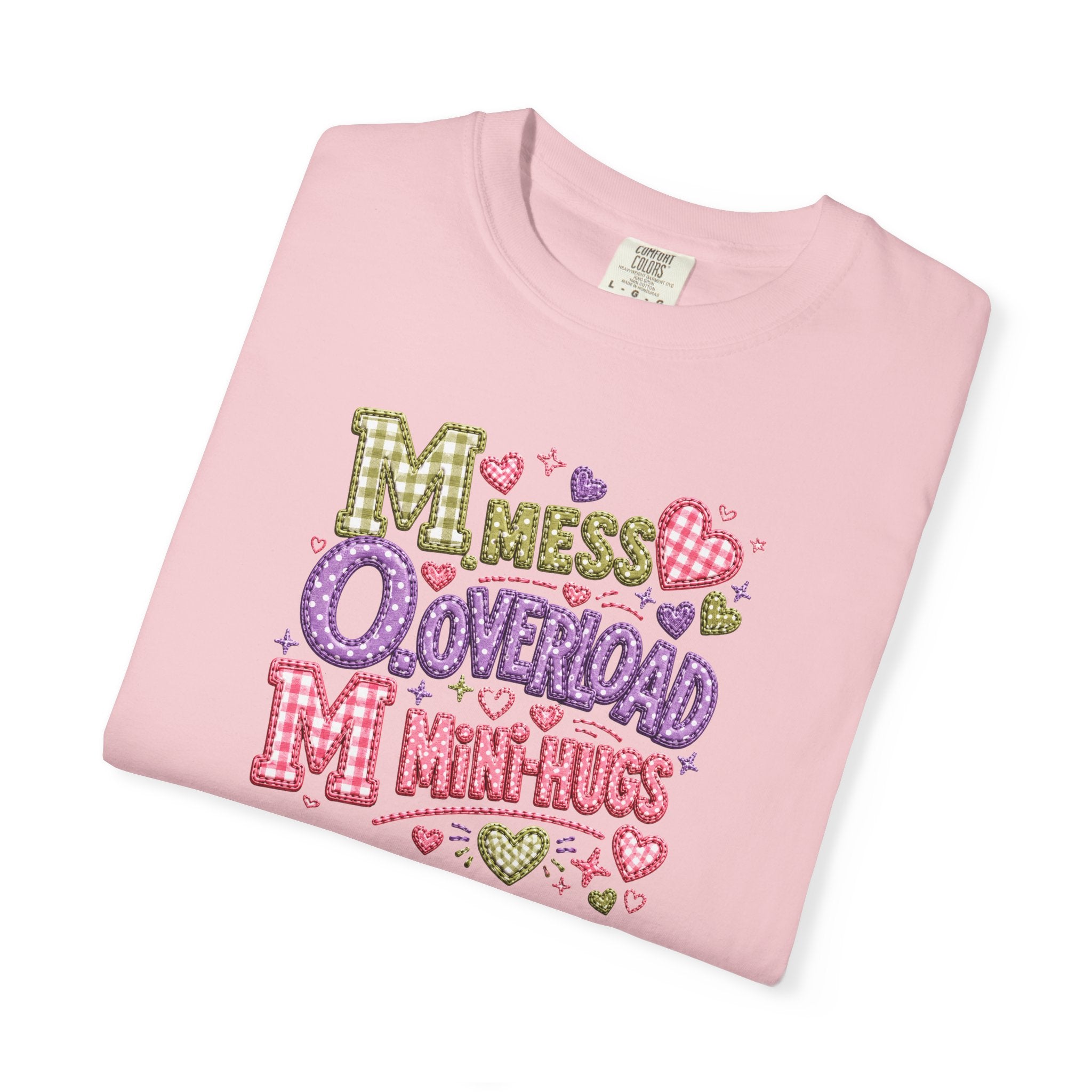 Mess, Overload, Mini-Hugs Hugs T-Shirt — Cute Hand-Lettered Mom Vibes Tee