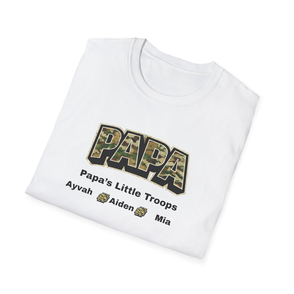 Papa Camo T-Shirt — “Papa’s Little Troops” Personalized Kids Names Tee