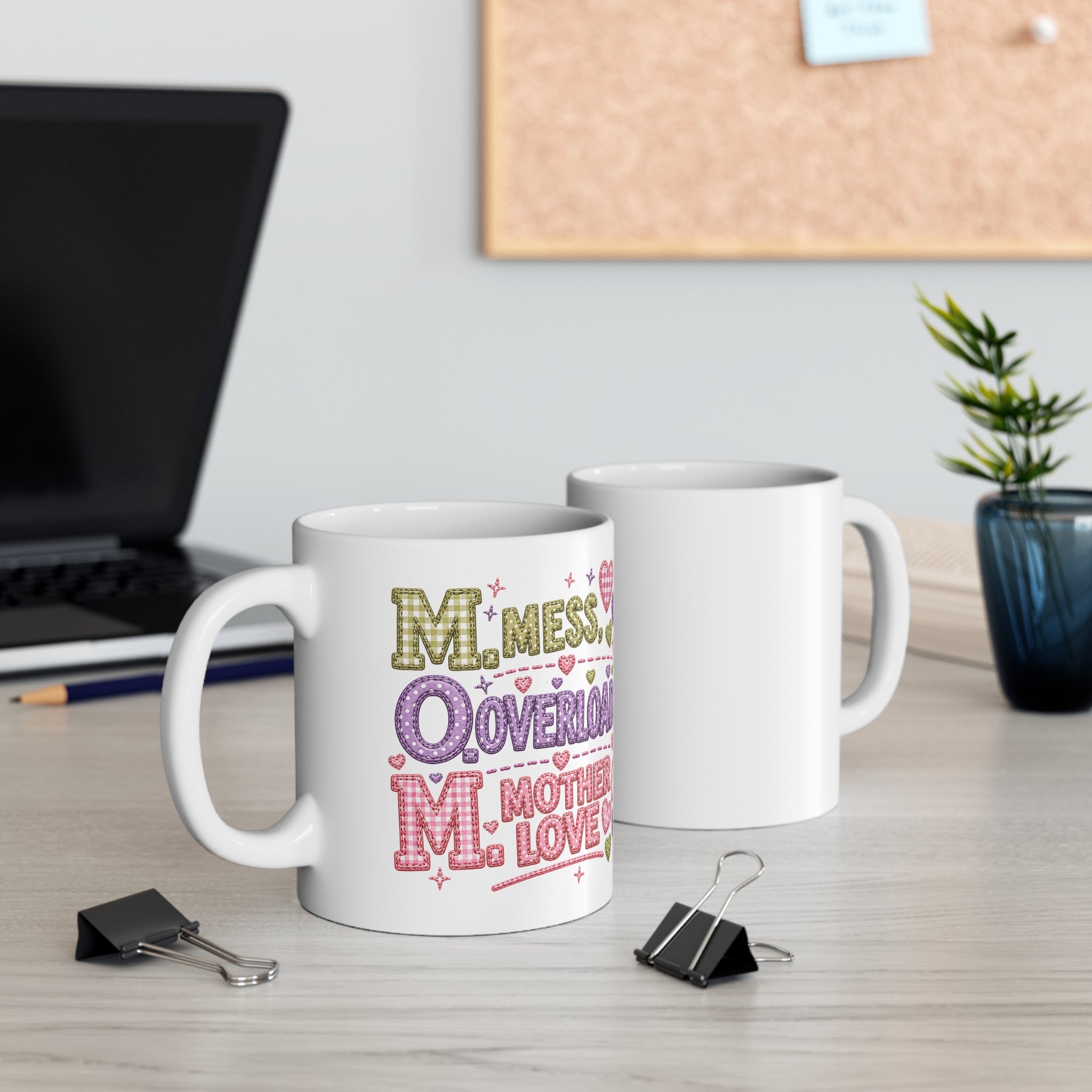 Mother Love Mug — 'M. Mess. Overload. M. Mother Love' Cute Heart Coffee Cup for Moms, Mother's Day Gift
