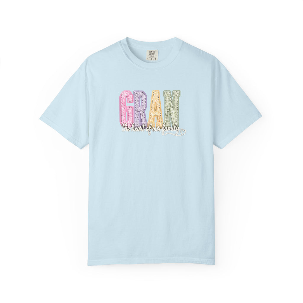 Gran Floral Script T-Shirt — "the heart of my family" Sage Garment-Dyed Tee