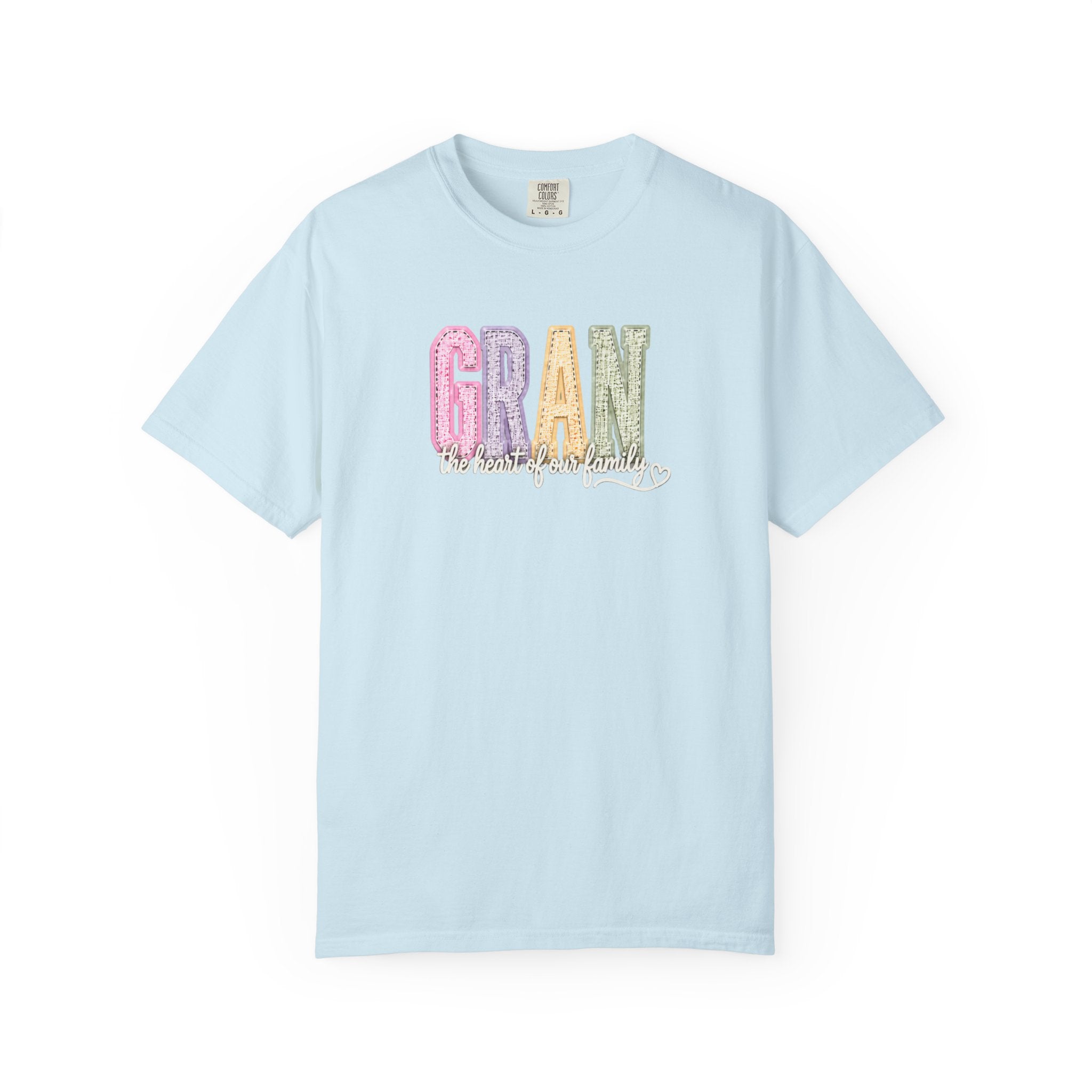 Gran Floral Script T-Shirt — "the heart of my family" Sage Garment-Dyed Tee
