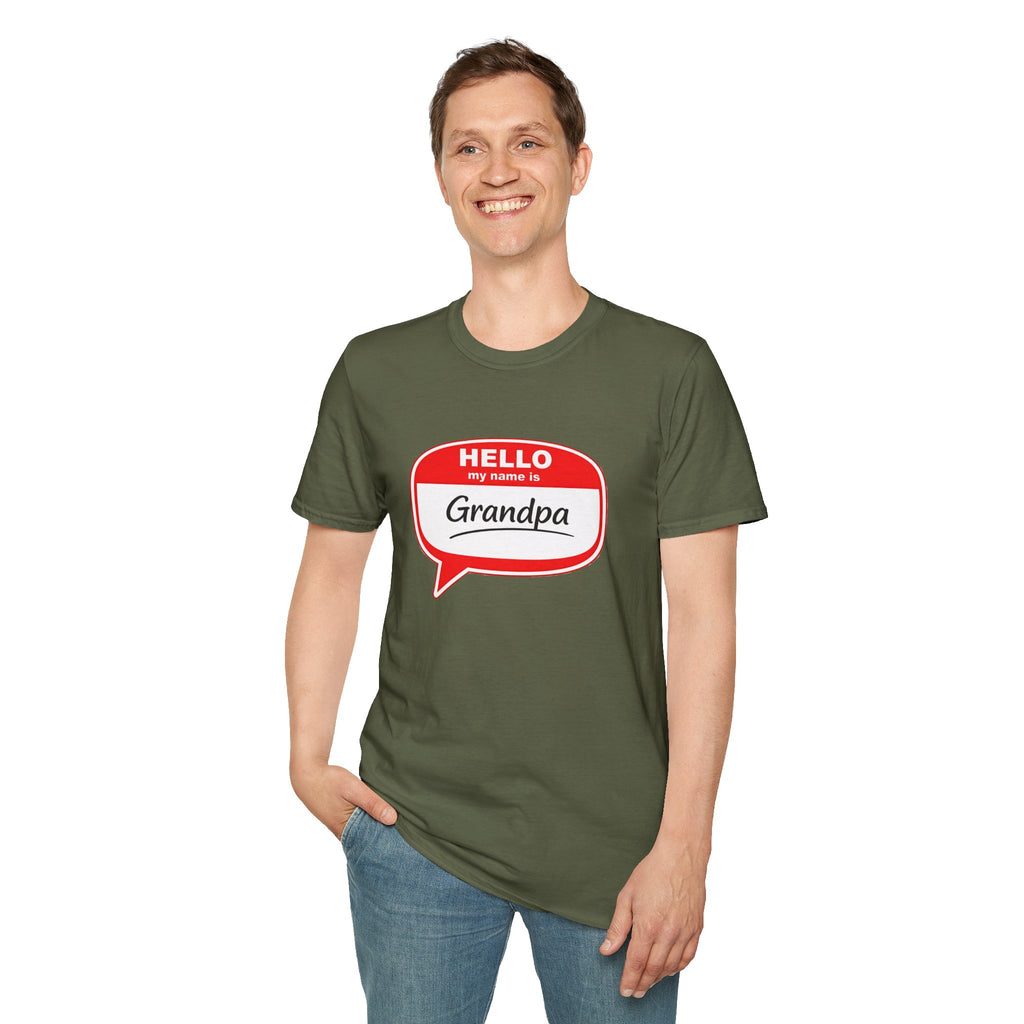 Hello My Name Is Grandpa T-Shirt — Funny Grandpa Name Tag Tee for Father’s Day & New Grandfathers