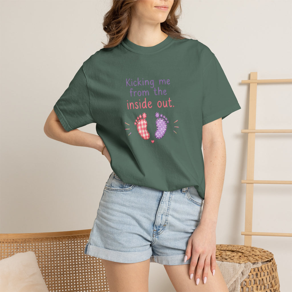 Pregnancy T-Shirt "Kicking Me From the Inside Out" — Cute Baby Footprint Maternity Tee