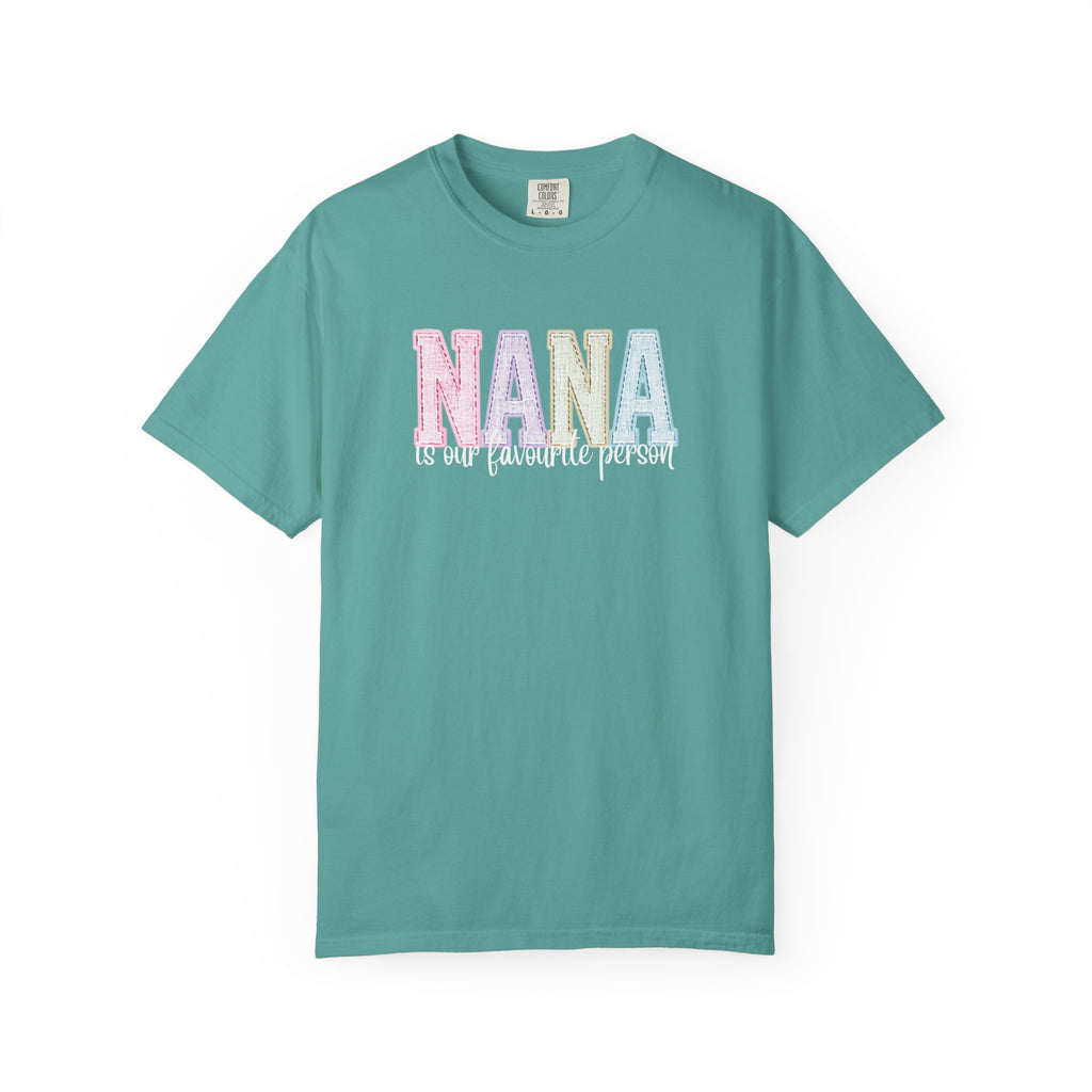 Nana Pastel Patchwork Tee — Soft White "NANA" Graphic T-Shirt for Grandmothers