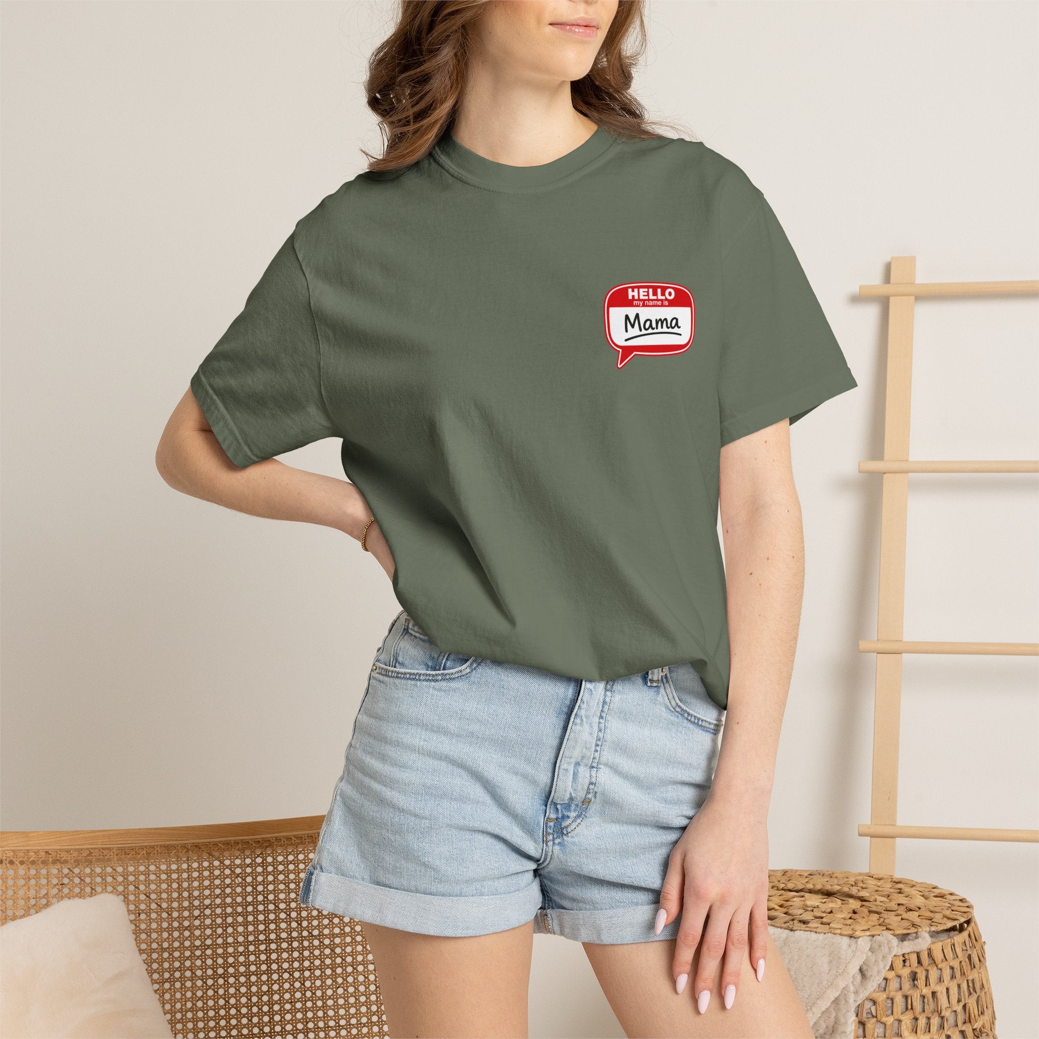 Hello Mama Pocket T‑Shirt — Cute 'Hello Mama' Name Tag Graphic Tee for New and Expecting Moms