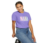 Nana Pastel Patchwork Tee — Soft White "NANA" Graphic T-Shirt for Grandmothers