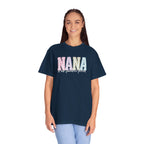 Nana Pastel Patchwork Tee — Soft White "NANA" Graphic T-Shirt for Grandmothers