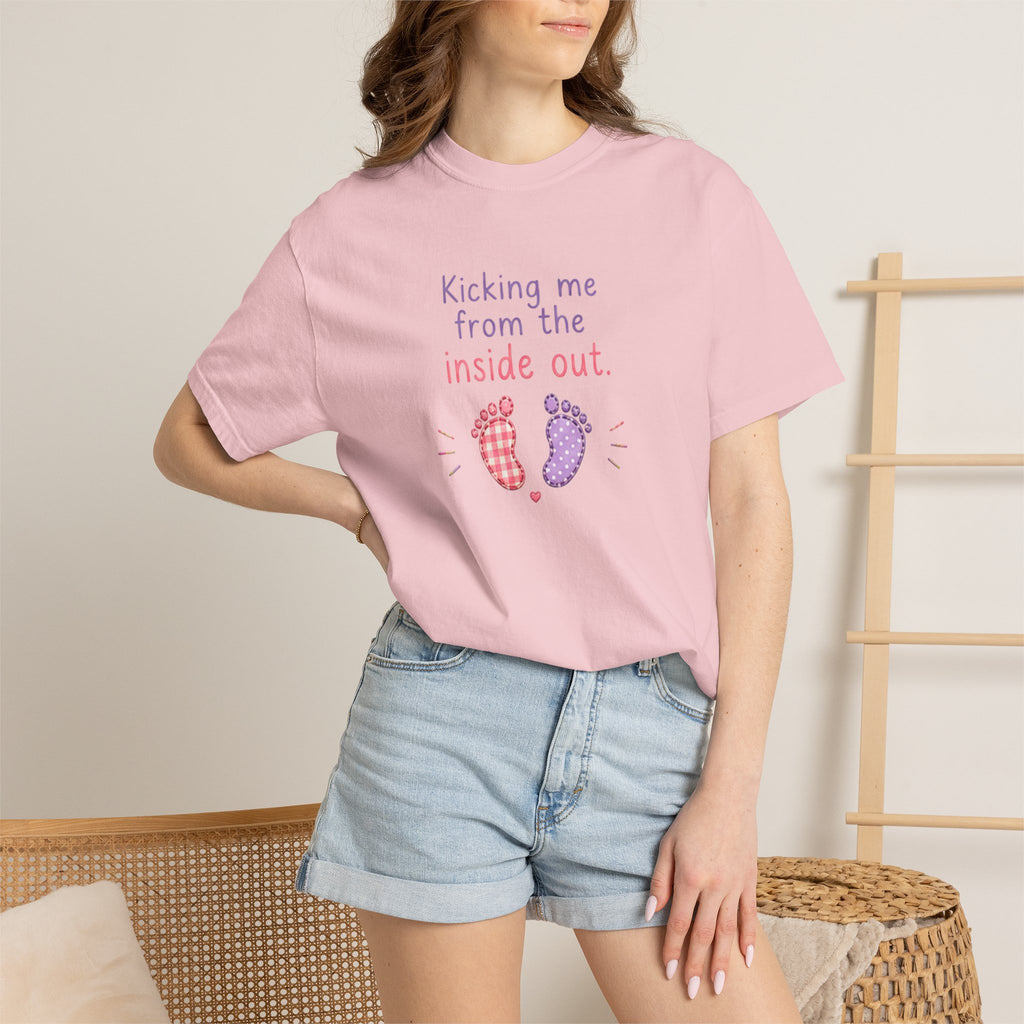 Pregnancy T-Shirt "Kicking Me From the Inside Out" — Cute Baby Footprint Maternity Tee