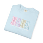 Nana Pastel Patchwork Tee — Soft White "NANA" Graphic T-Shirt for Grandmothers