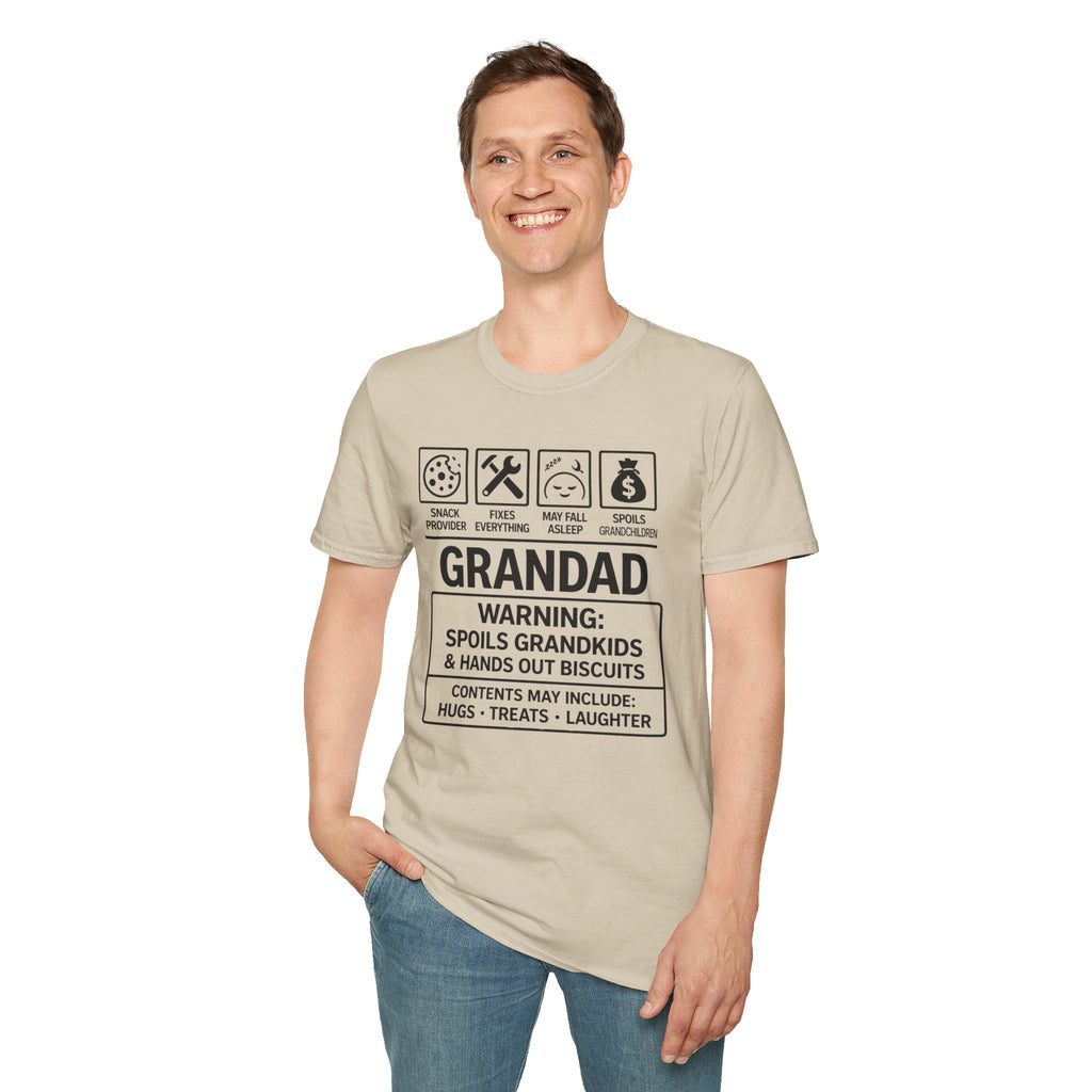 Grandad Warning T-Shirt — 'Warning: Spoils Grandkids & Hands Out Biscuits' Funny Grandpa Shirt