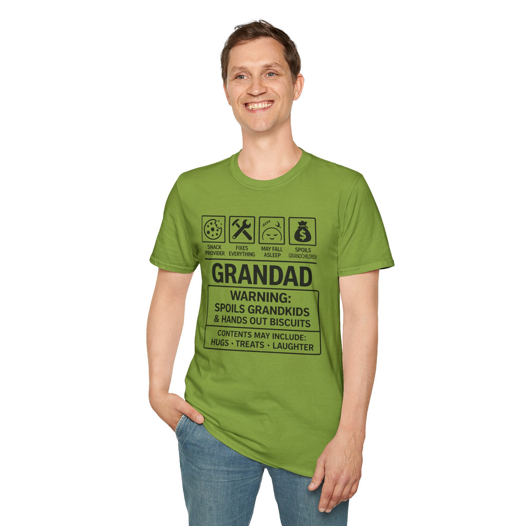 Grandad Warning T-Shirt — 'Warning: Spoils Grandkids & Hands Out Biscuits' Funny Grandpa Shirt
