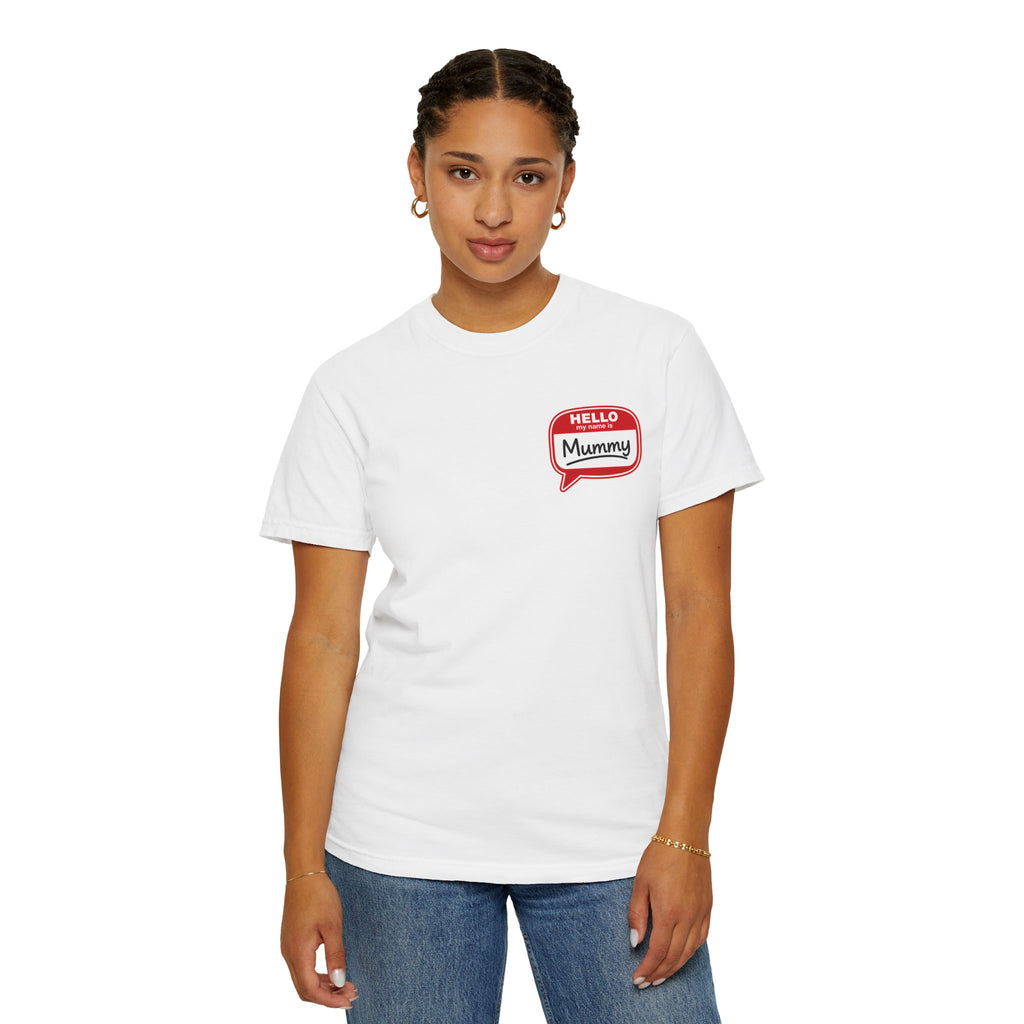 T-Shirt — "Hello Mummy" Retro Name-Tag Graphic