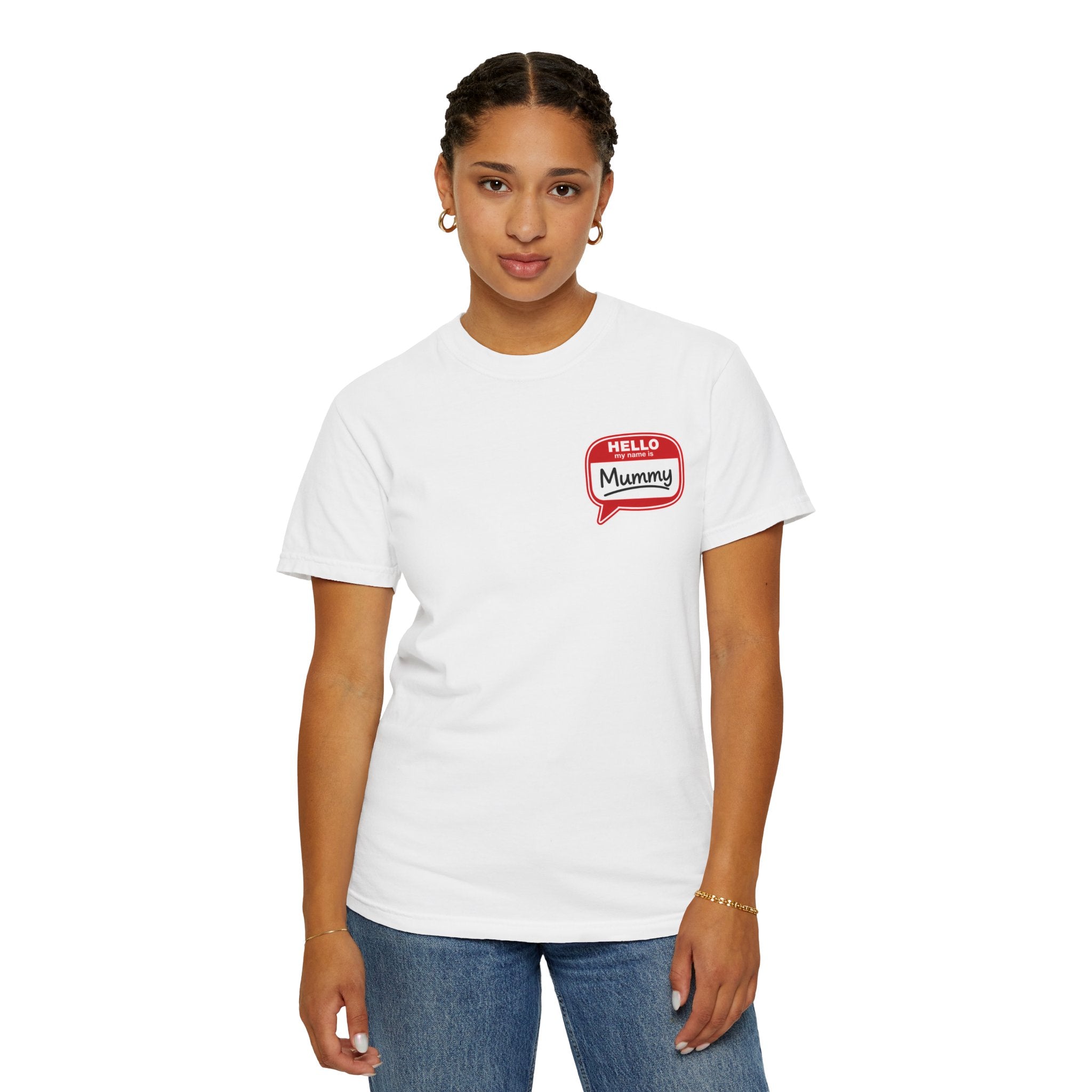 T-Shirt — "Hello Mummy" Retro Name-Tag Graphic