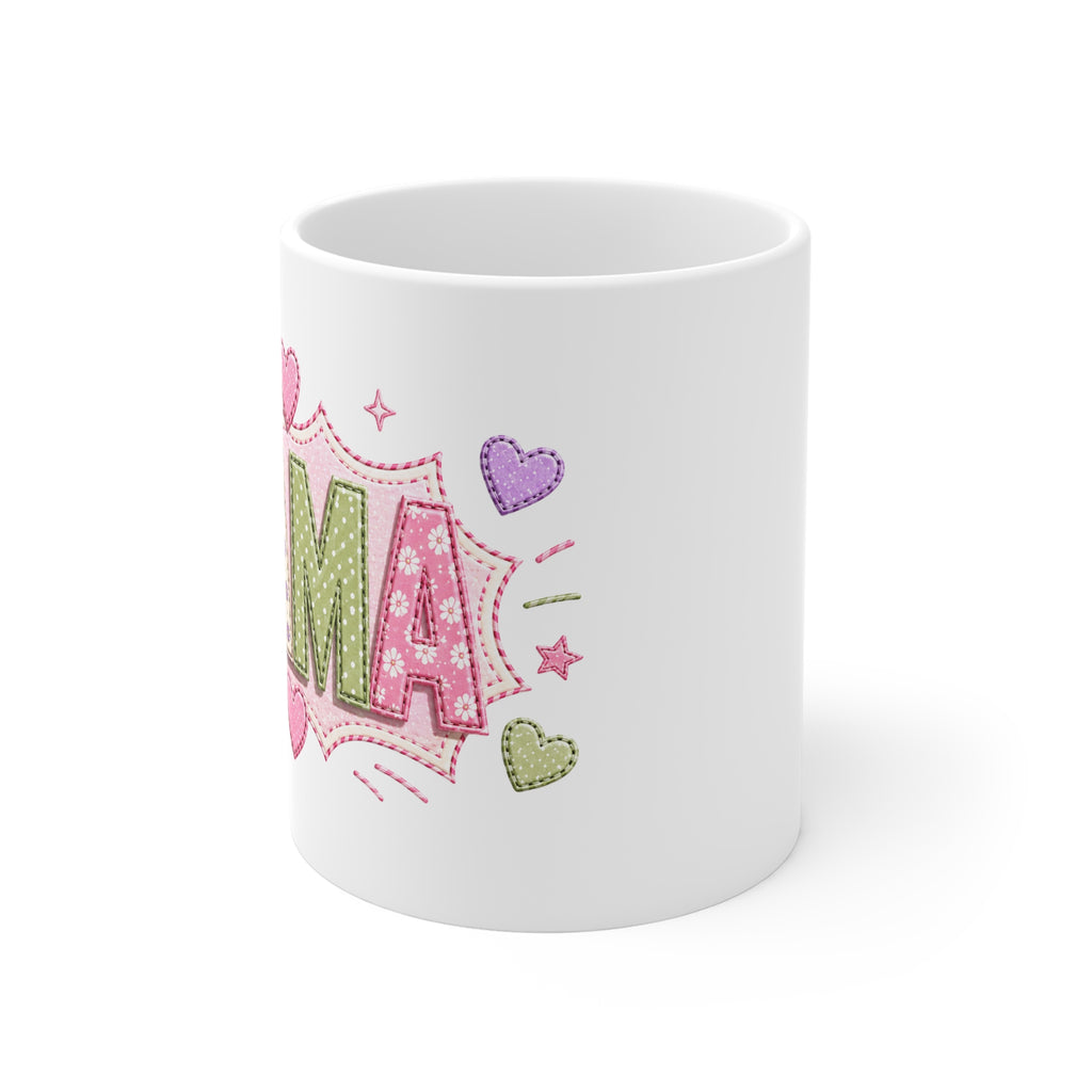 Mama Patchwork Mug — Cute Quilted Floral Hearts Coffee Cup for Mom (Mother’s Day Gift)