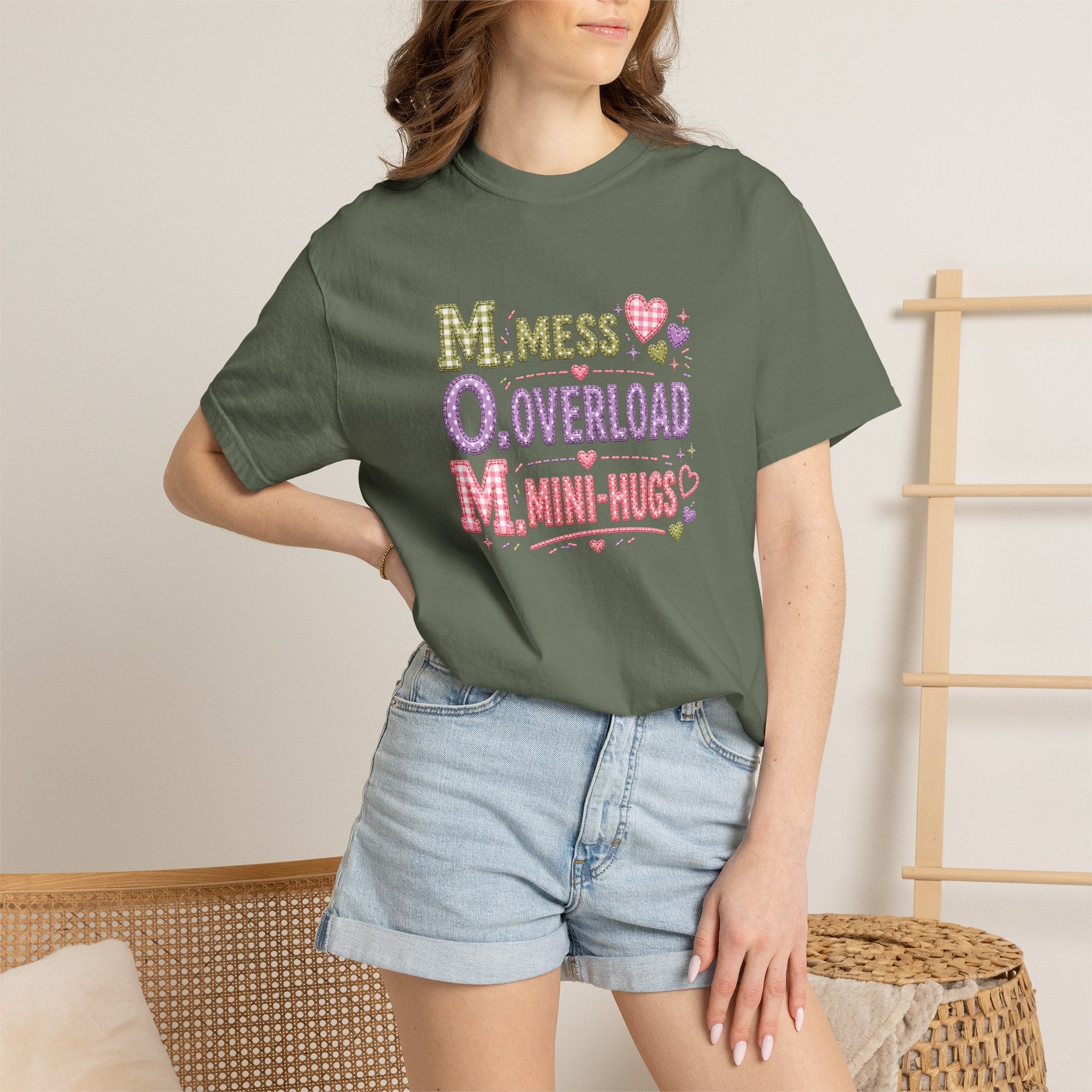 Mom Acronym Graphic T-Shirt — “M.O.M. Mess Overload Mini-Hugs” Cute Pastel Mothers Day Tee
