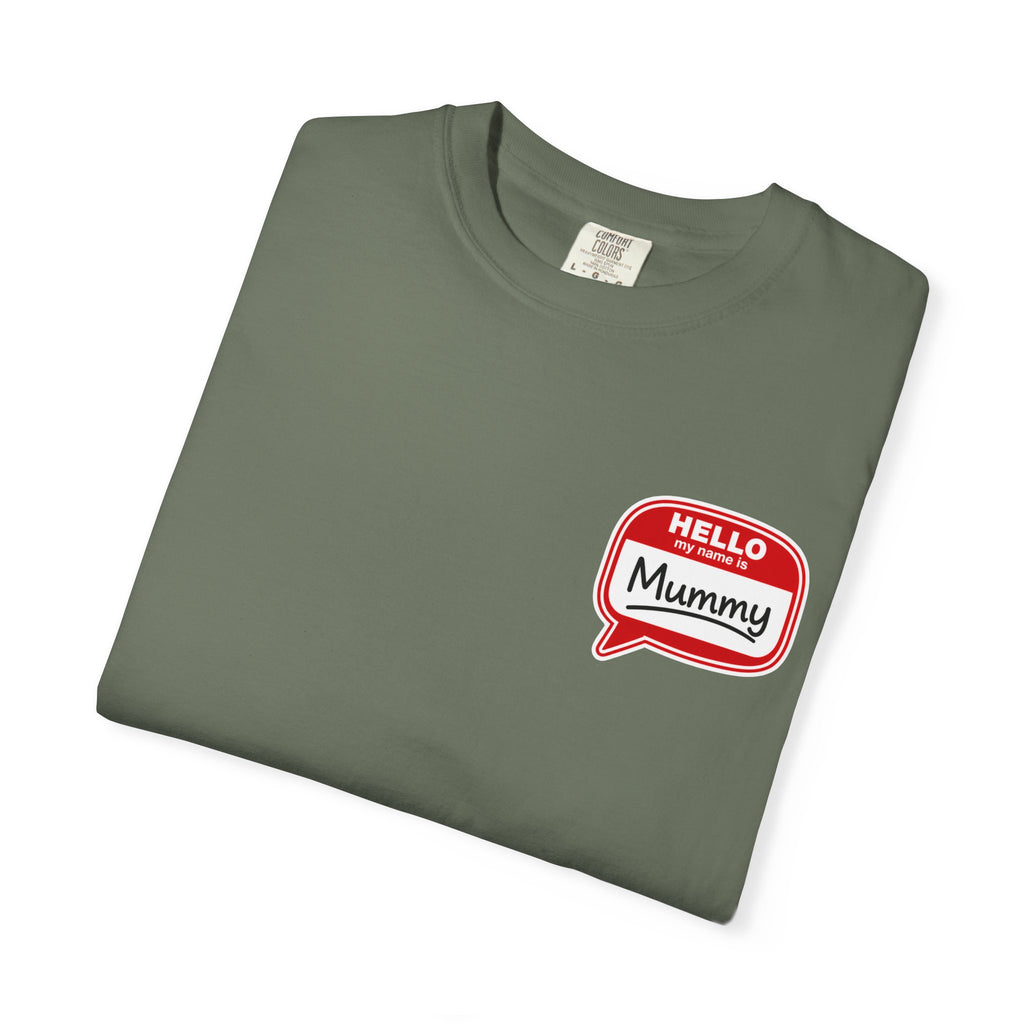 T-Shirt — "Hello Mummy" Retro Name-Tag Graphic