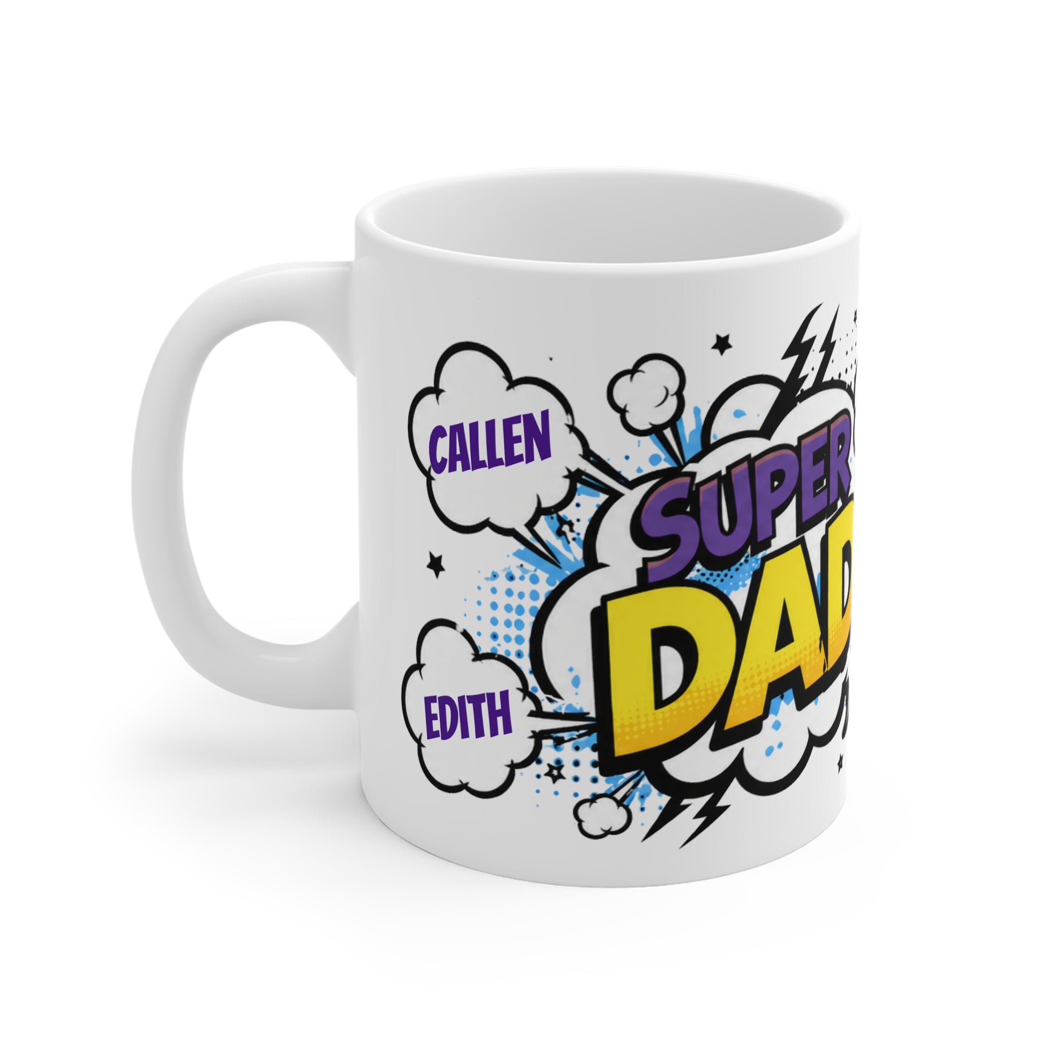 Super Dad Comic Name Mug — Personalized Kids’ Names Father’s Day Gift