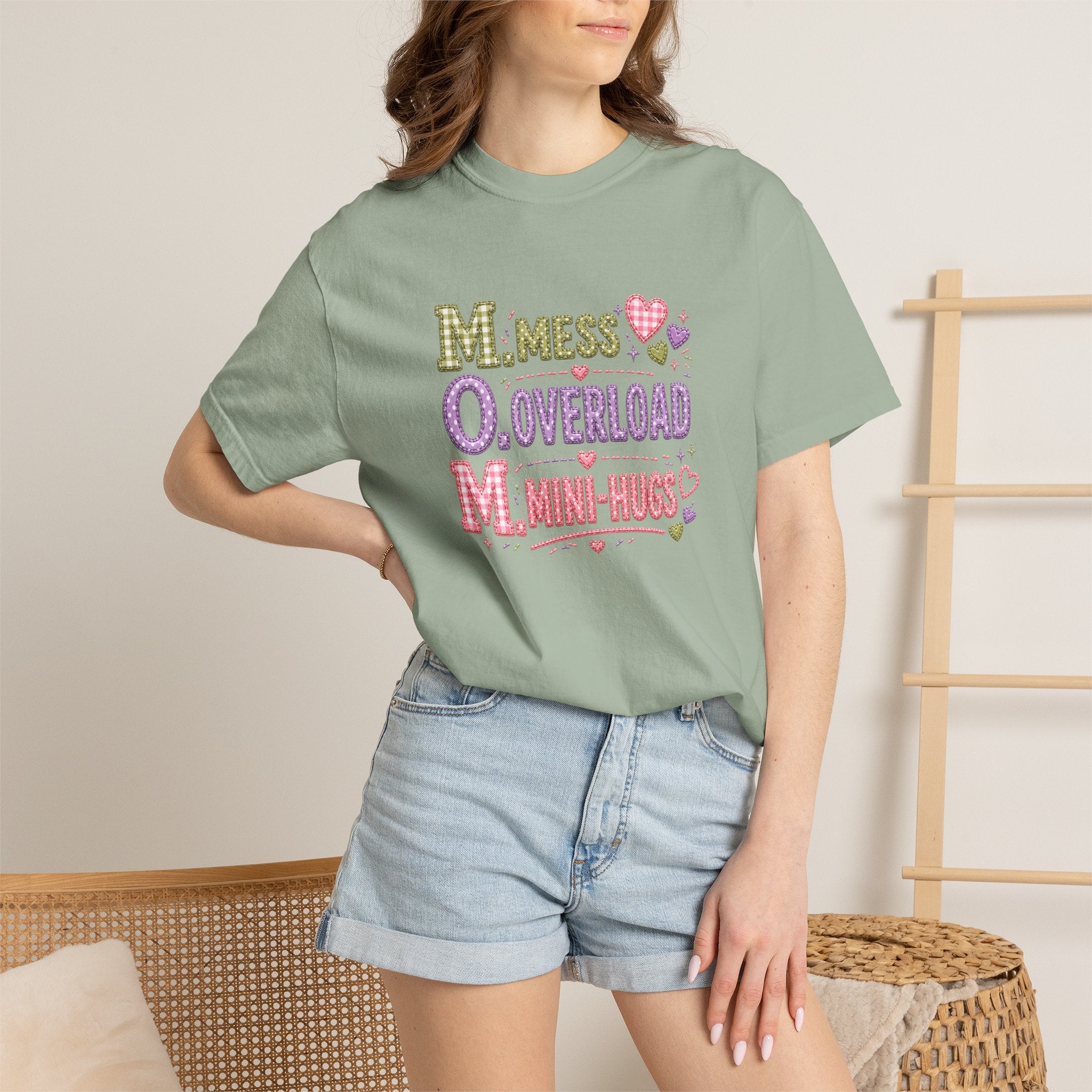 Mom Acronym Graphic T-Shirt — “M.O.M. Mess Overload Mini-Hugs” Cute Pastel Mothers Day Tee