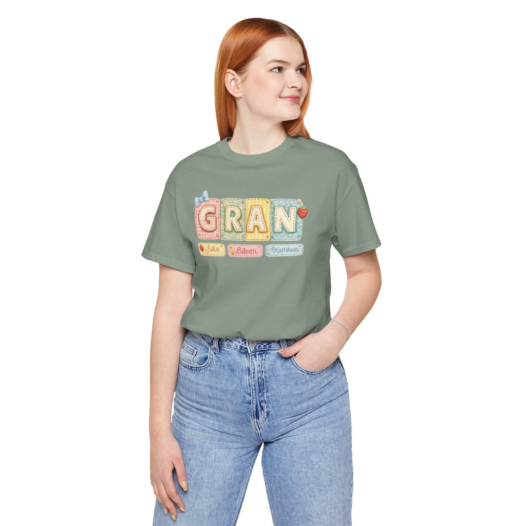 Gran Retro Patch Tee — Personalized 'Gran' Name Blocks Short Sleeve Shirt