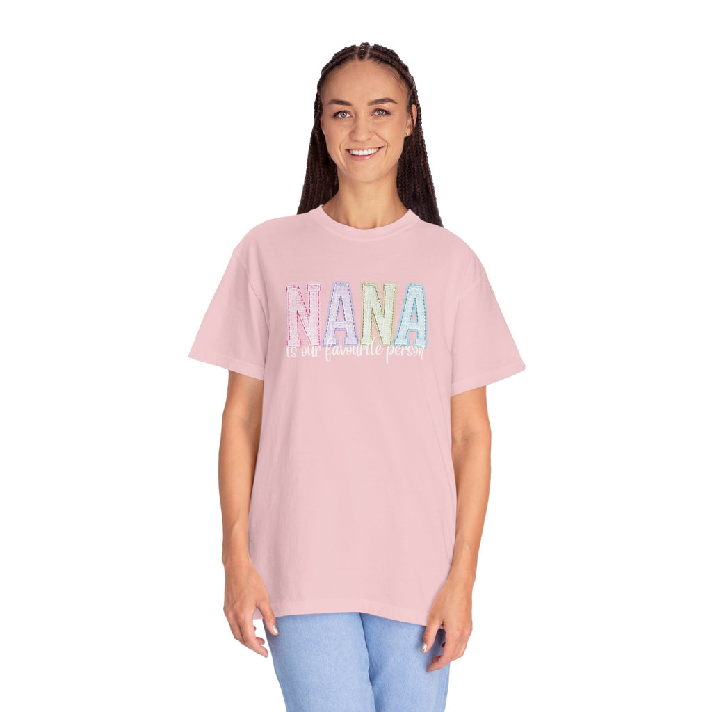 Nana Pastel Patchwork Tee — Soft White "NANA" Graphic T-Shirt for Grandmothers