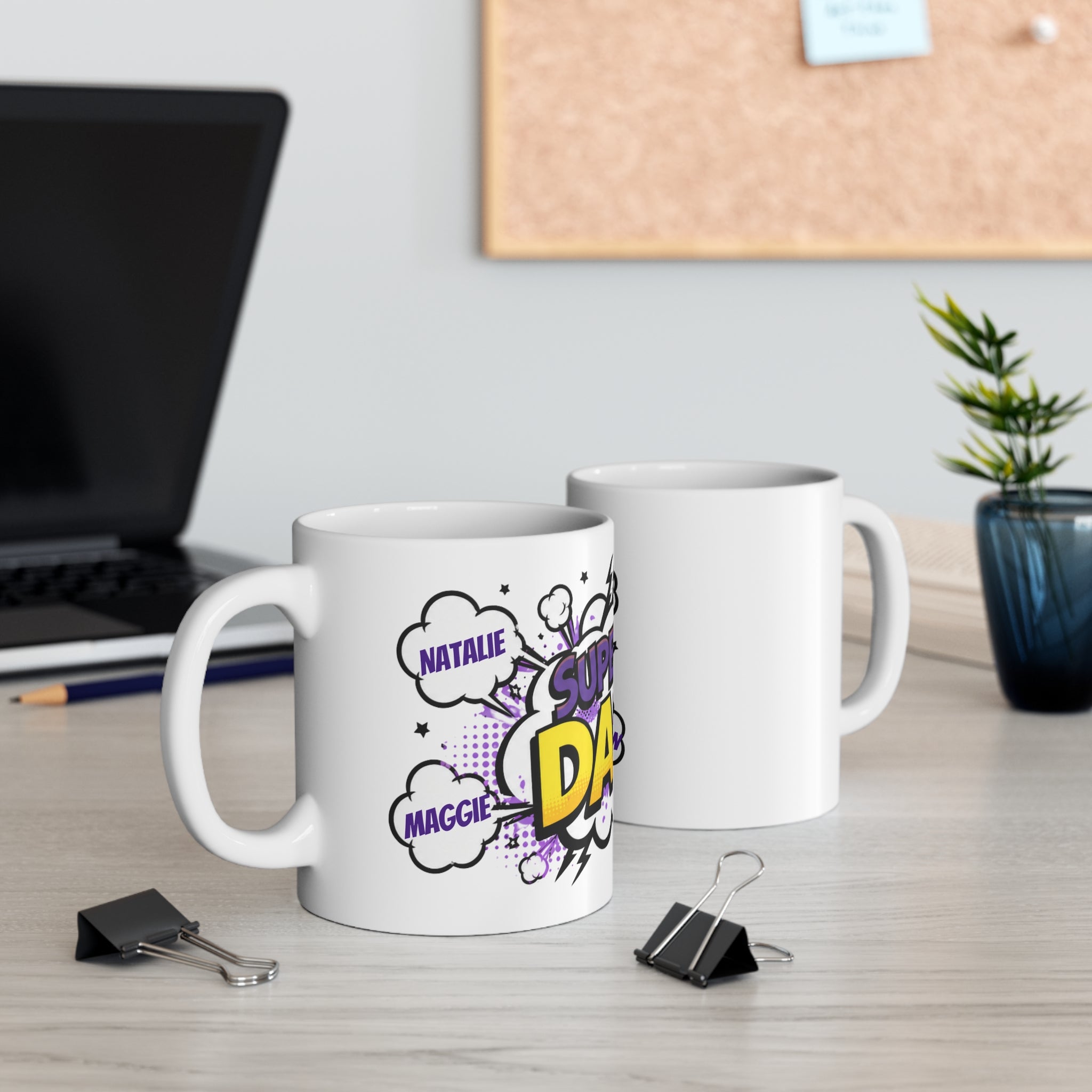 Super Dad Comic Mug — Personalized Names Coffee Cup for Father’s Day
