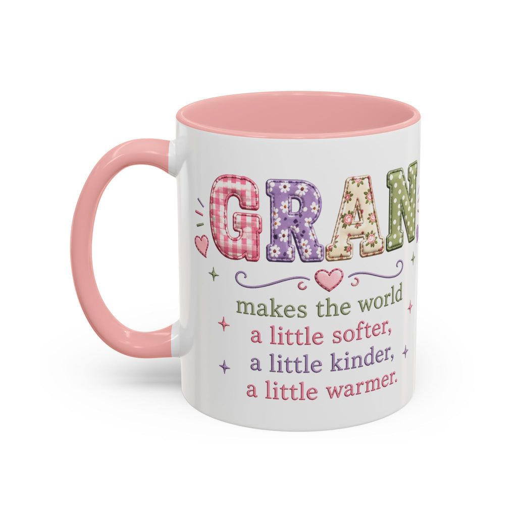 Accent Coffee Mug - "GRAN" Floral Dot Design | Sweet Pink Inner & Handle, Gift for Grandmother
