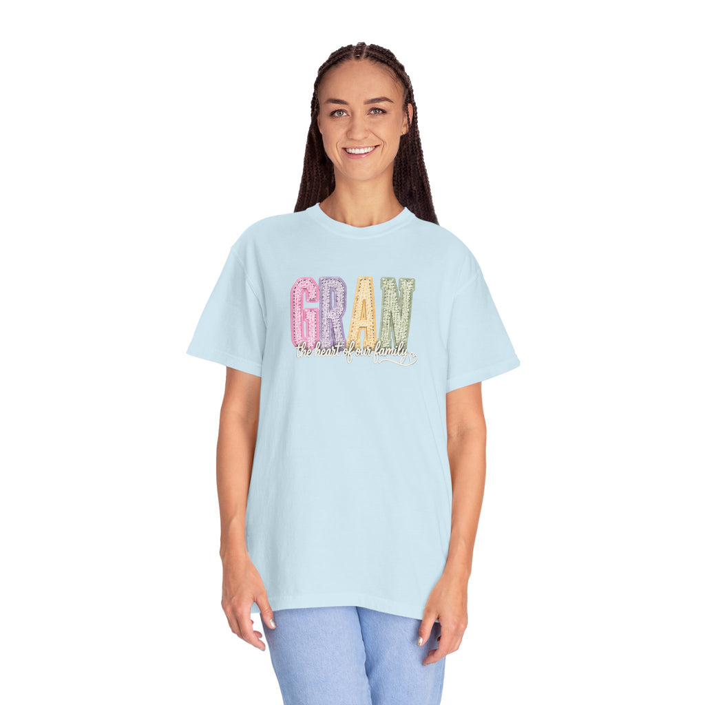 Gran Floral Script T-Shirt — "the heart of my family" Sage Garment-Dyed Tee