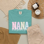 Nana Pastel Patchwork Tee — Soft White "NANA" Graphic T-Shirt for Grandmothers