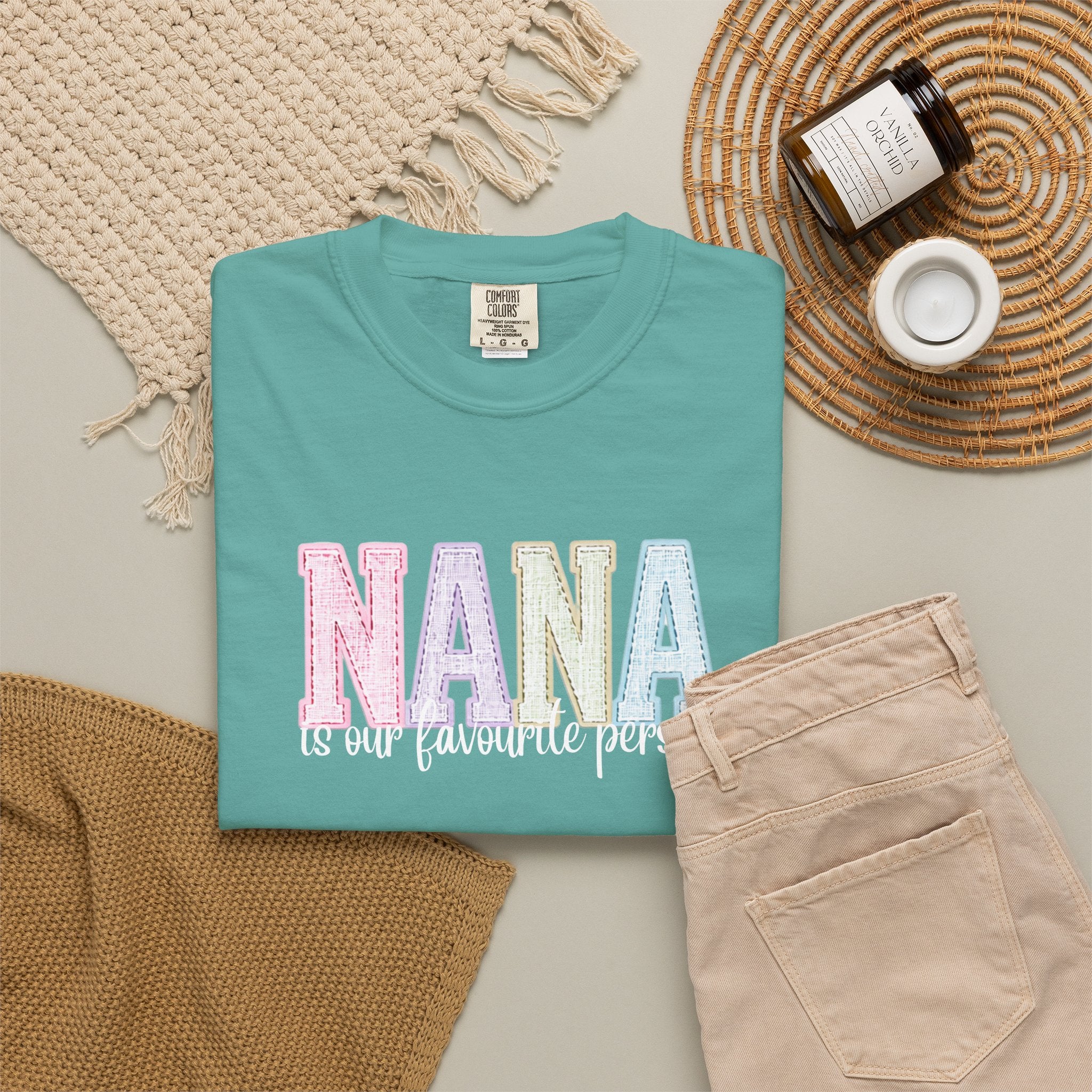 Nana Pastel Patchwork Tee — Soft White "NANA" Graphic T-Shirt for Grandmothers