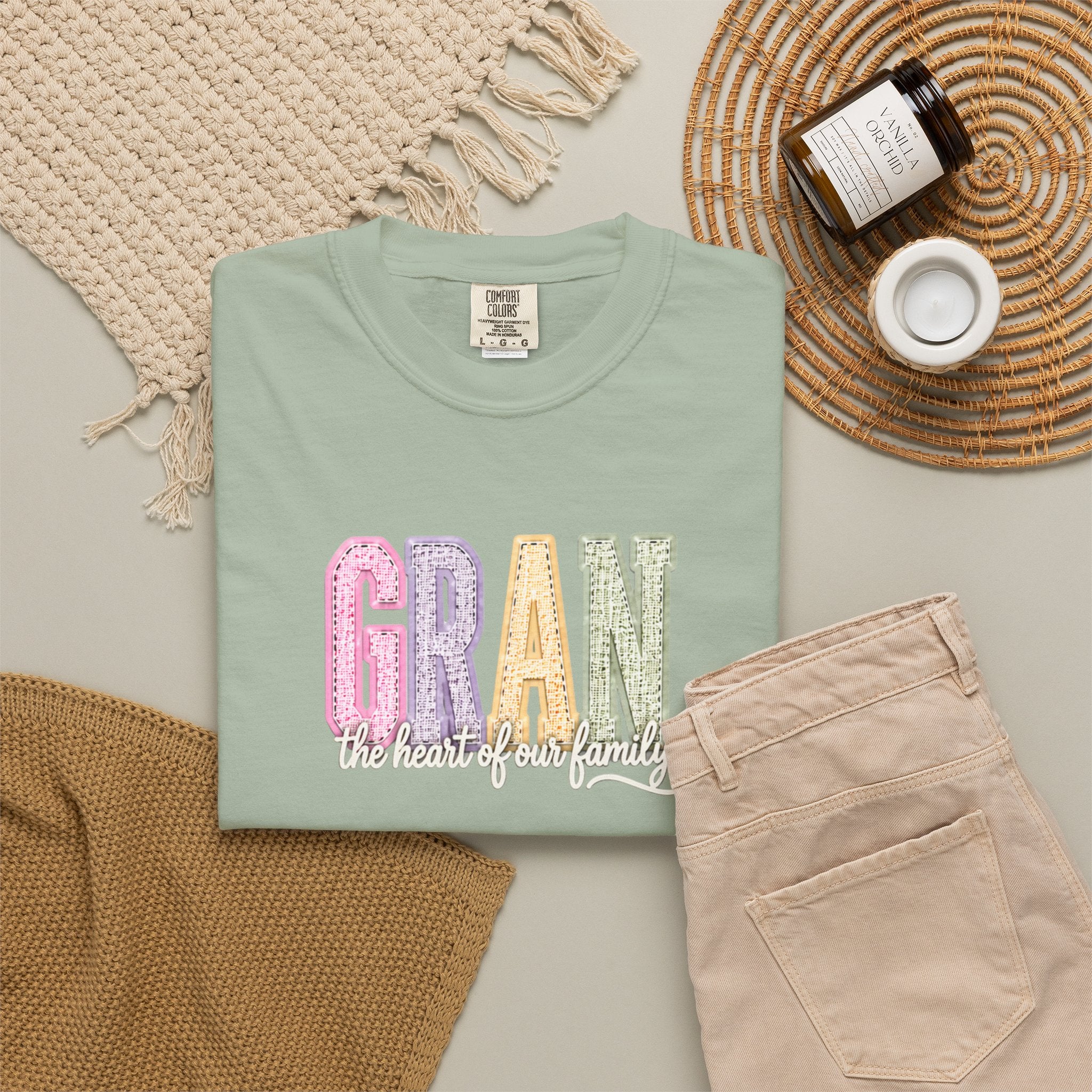 Gran Floral Script T-Shirt — "the heart of my family" Sage Garment-Dyed Tee