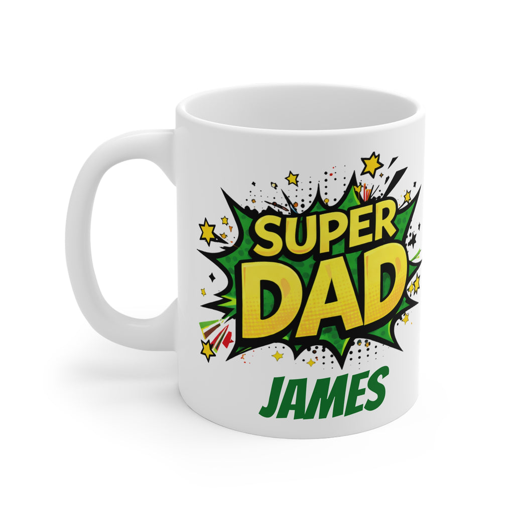 Super Dad Mug — Personalized 'Super Dad' Comic-Style Coffee Cup (Custom Name: James)